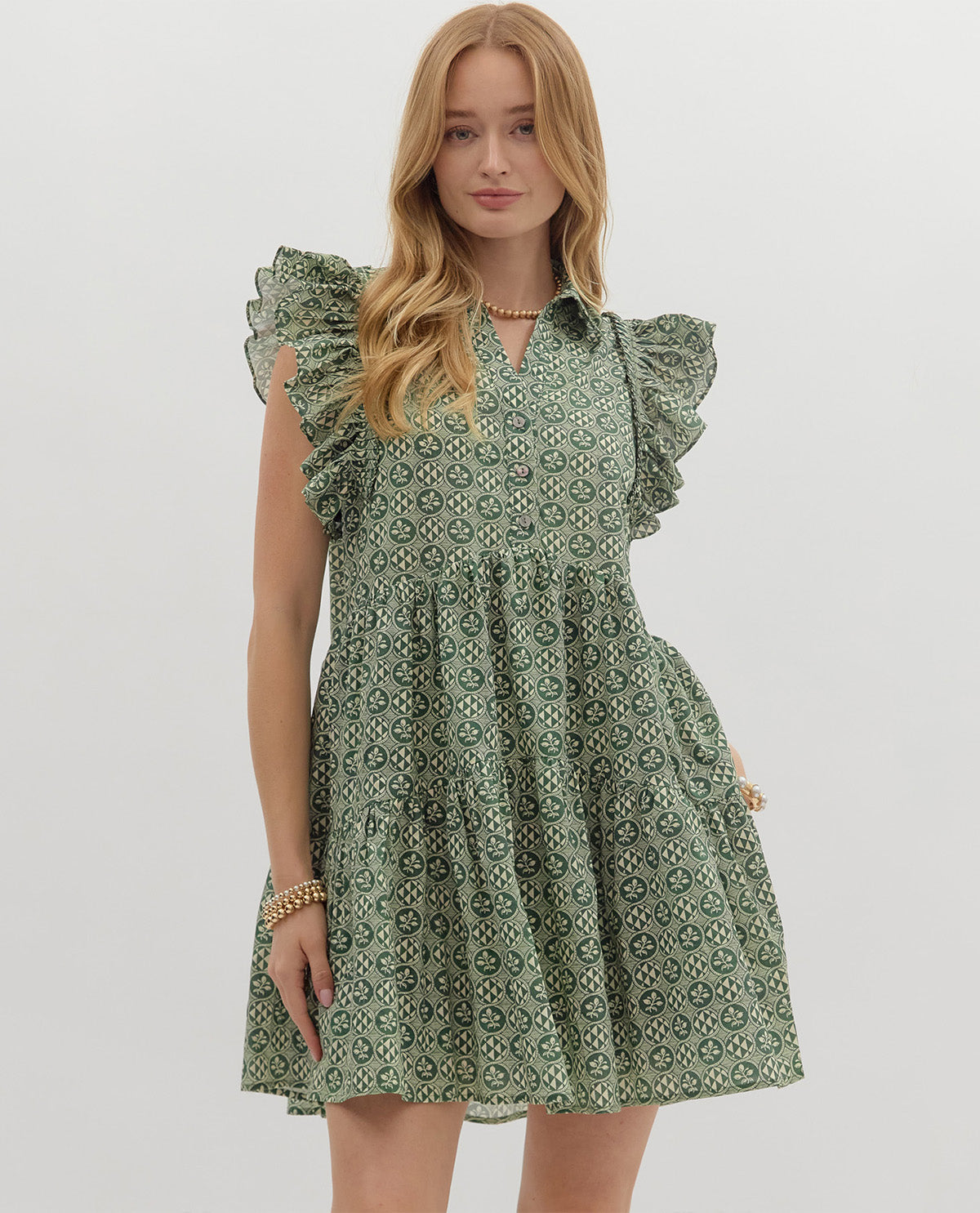 Green Abstract Print Flutter Sleeve Mini Dress