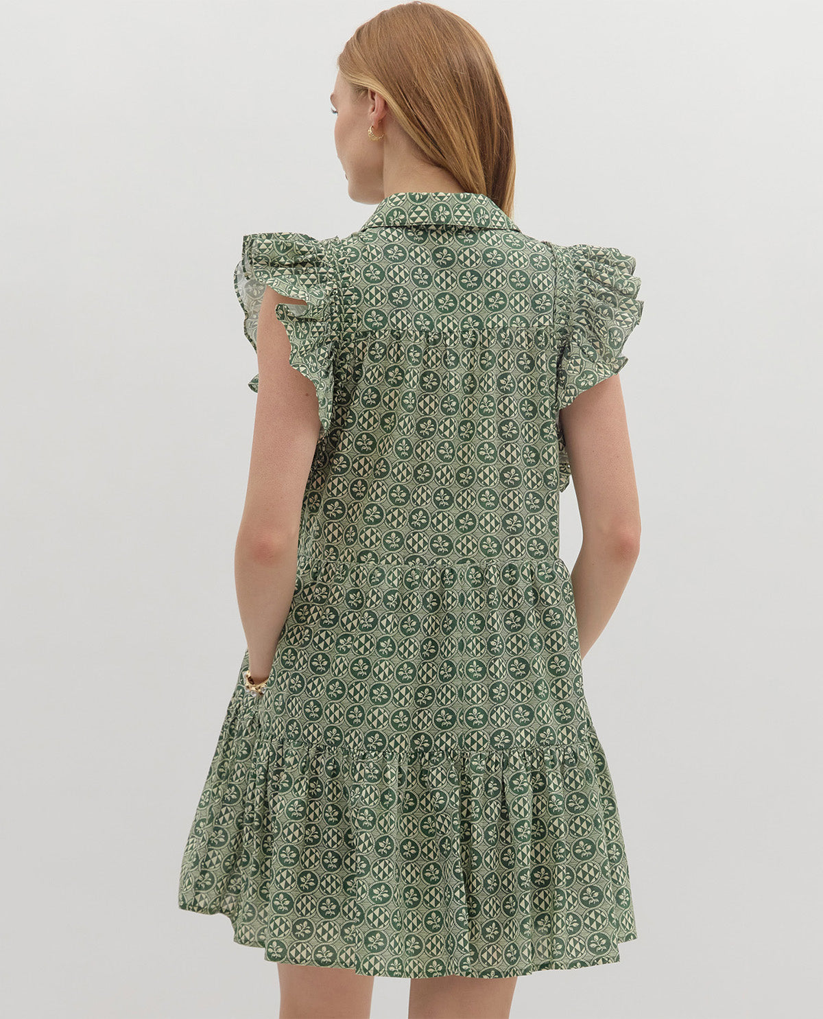 Green Abstract Print Flutter Sleeve Mini Dress