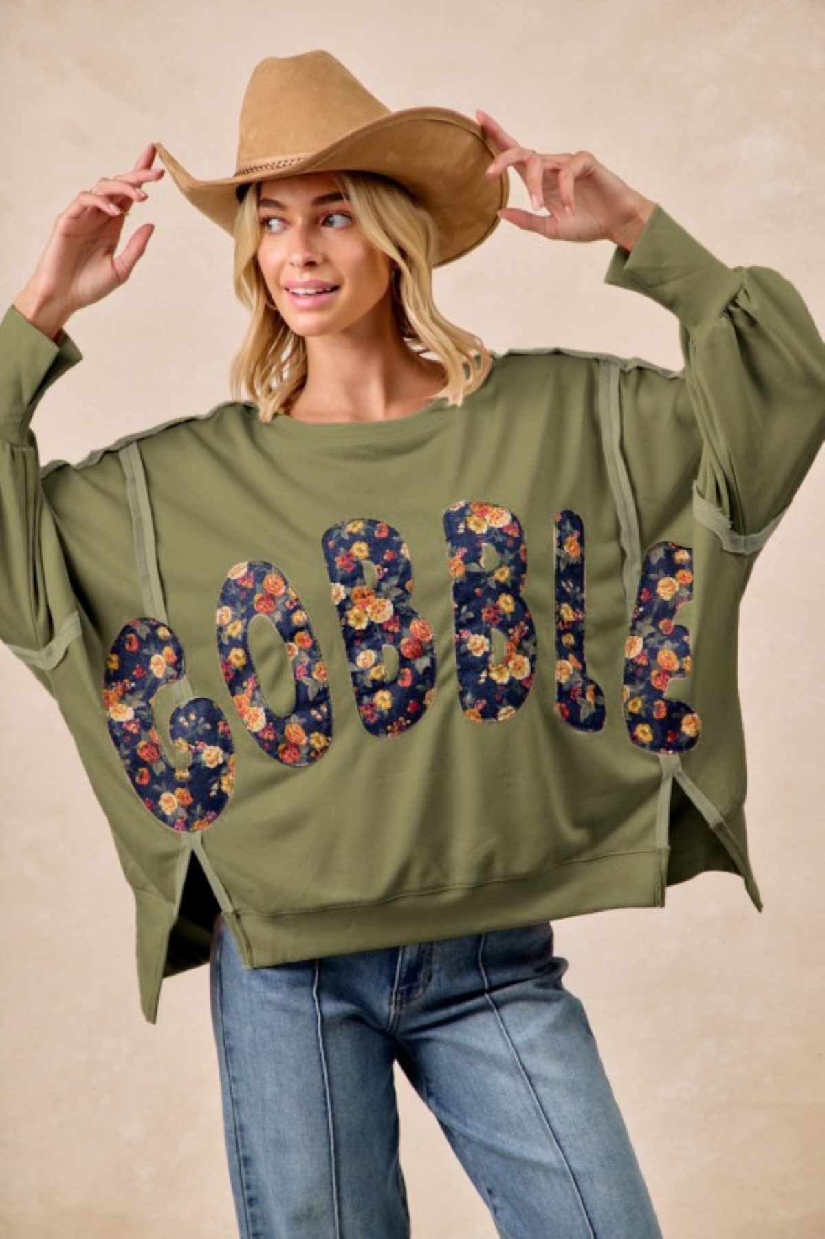Bibi Long Sleeves Gobble Patch Floral Contrast Top