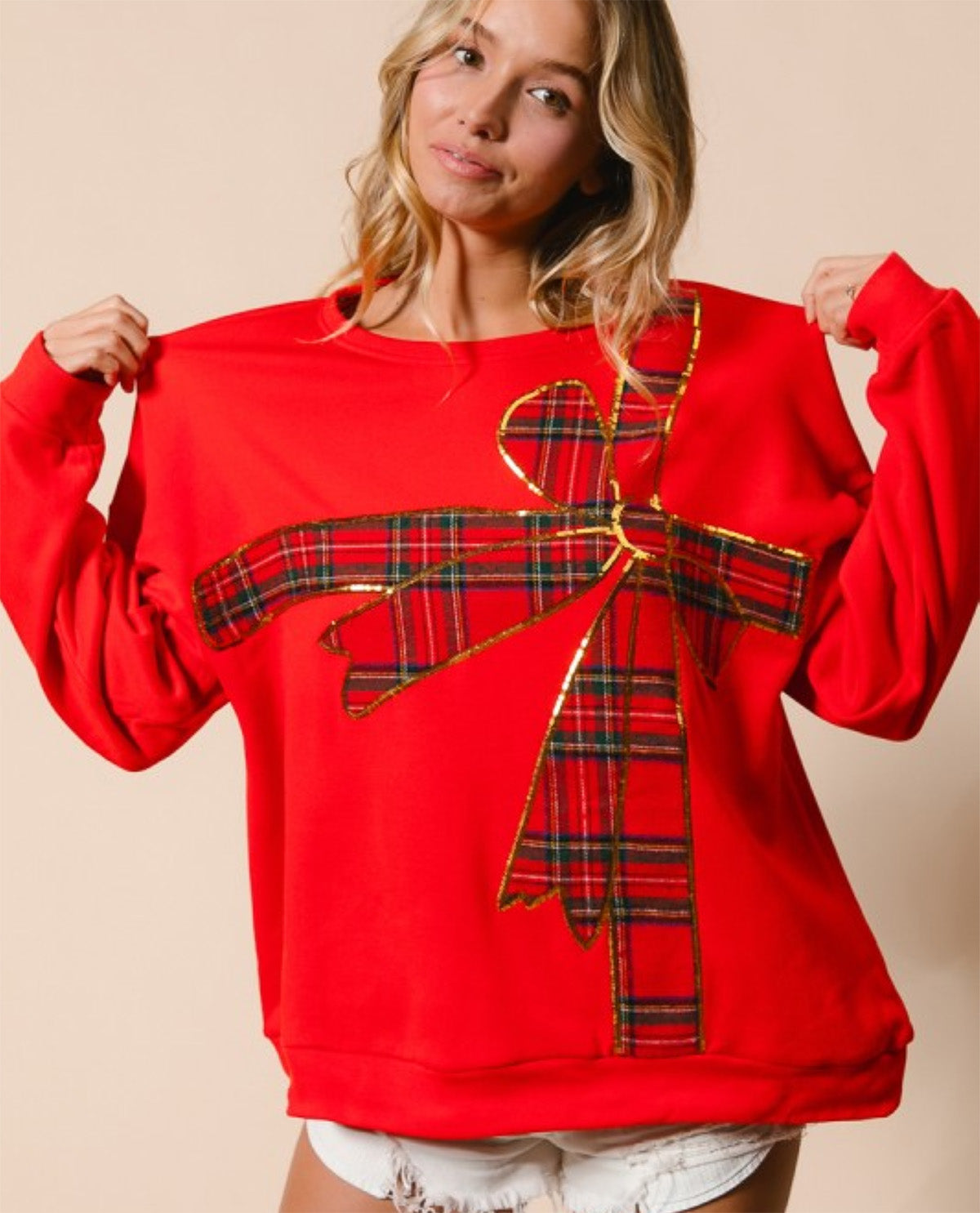 Bibi Plaid Ribbon Bow Red Sweatshirt
