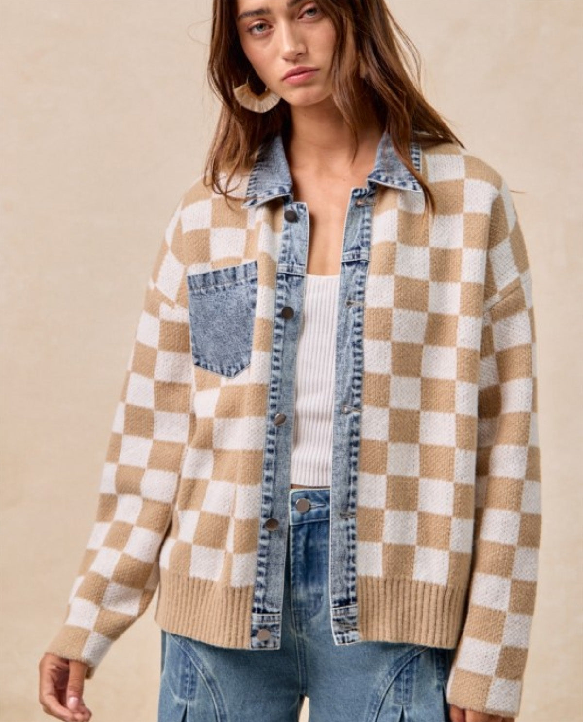 Bibi Cardigan Denim/Tan Check