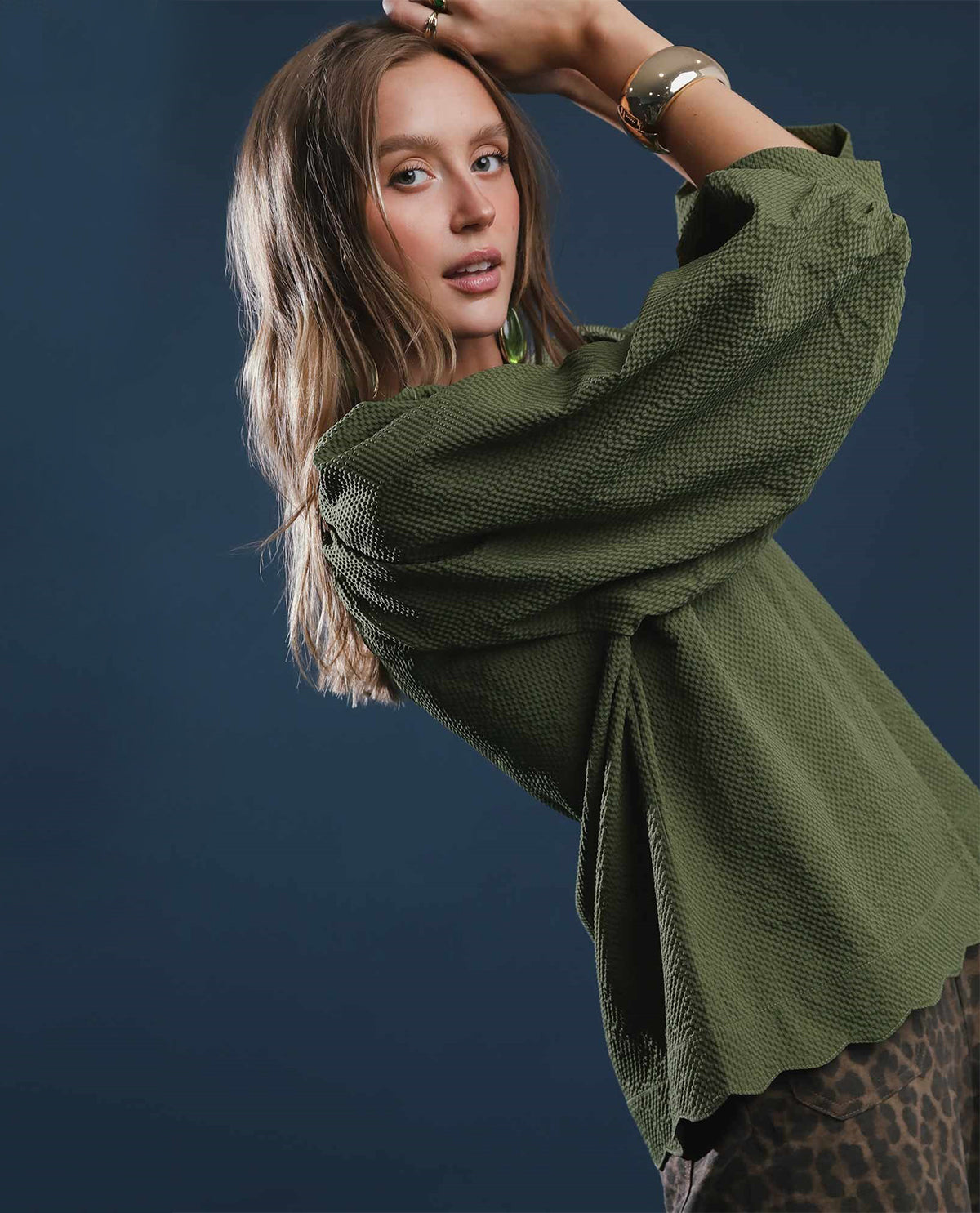Split V-Neck Olive Top with Balloon Sleeves