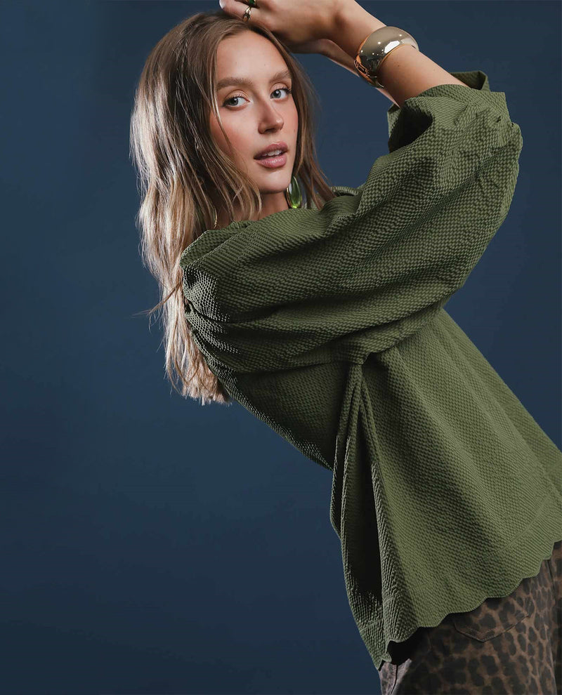 Split V-Neck Olive Top with Balloon Sleeves