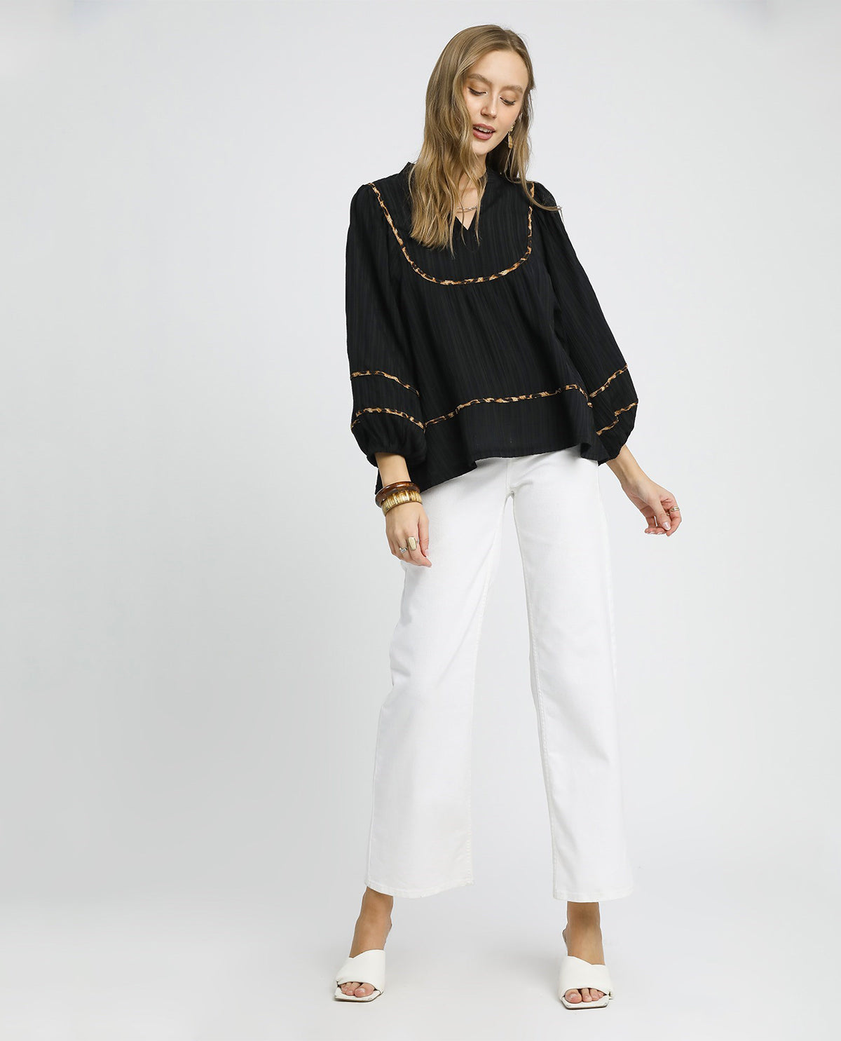 Vintage Textured Fabric Blouse with Leopard Print Accents