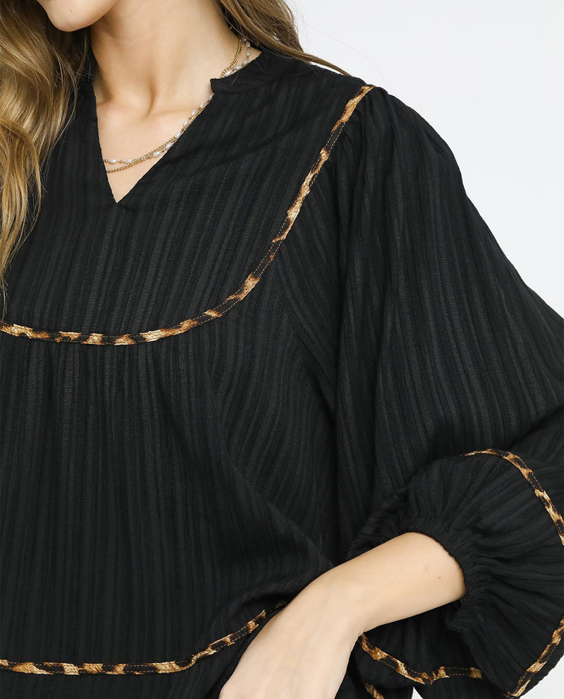 Vintage Textured Fabric Blouse with Leopard Print Accents