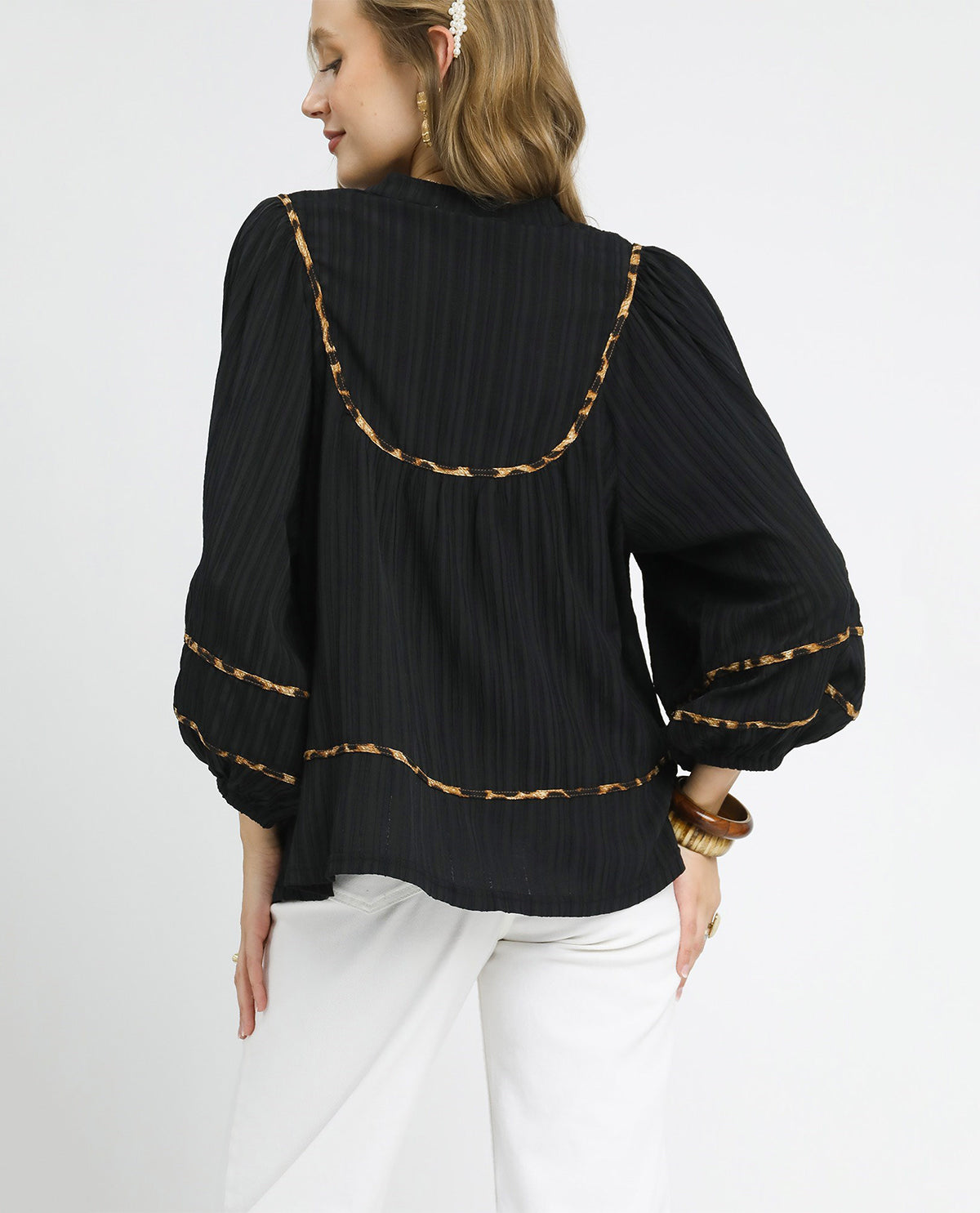 Vintage Textured Fabric Blouse with Leopard Print Accents