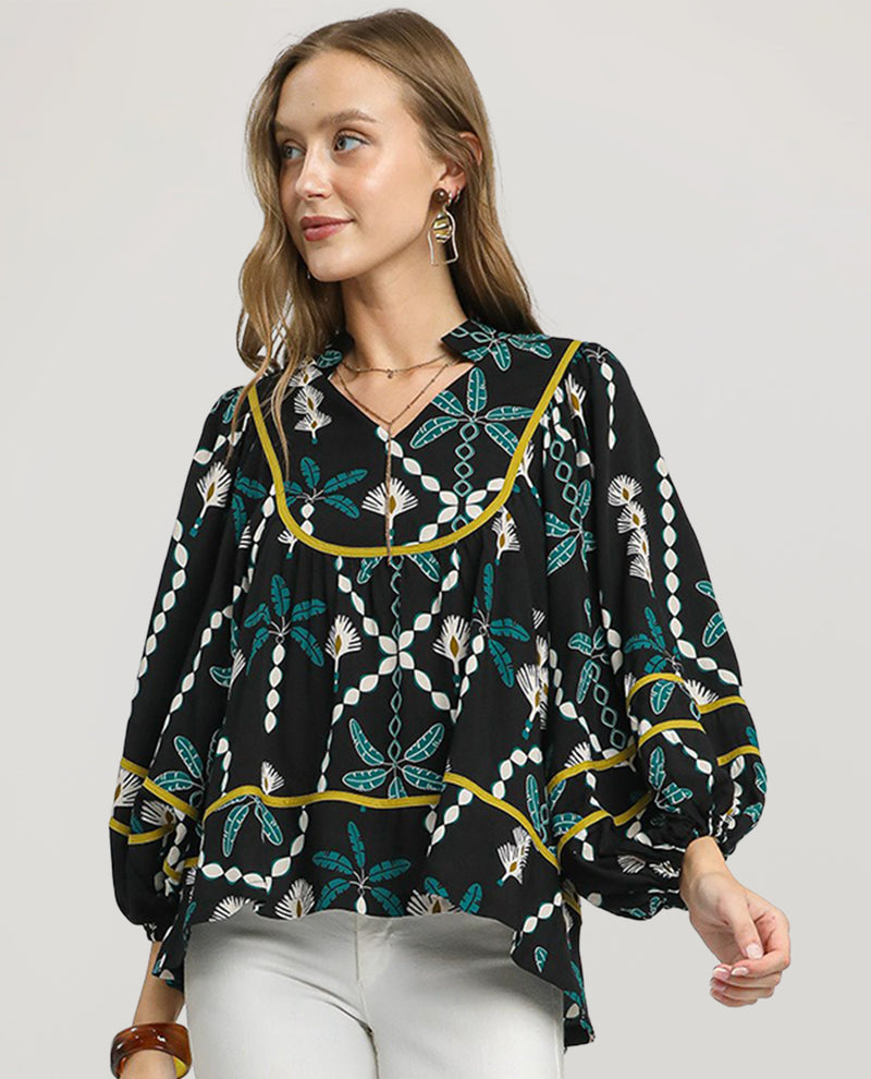 Black V-Neck Bishop Sleeve Top