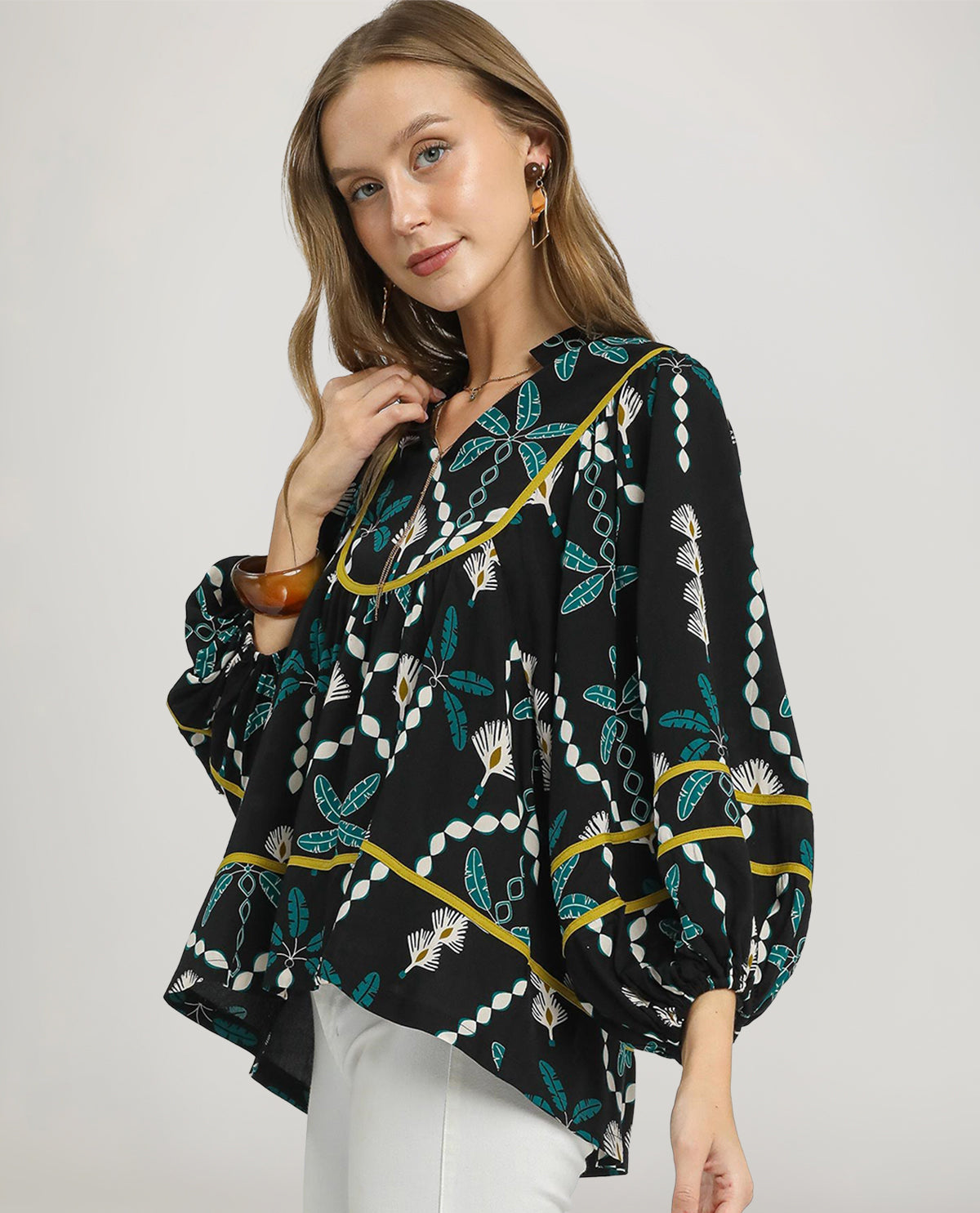 Black V-Neck Bishop Sleeve Top