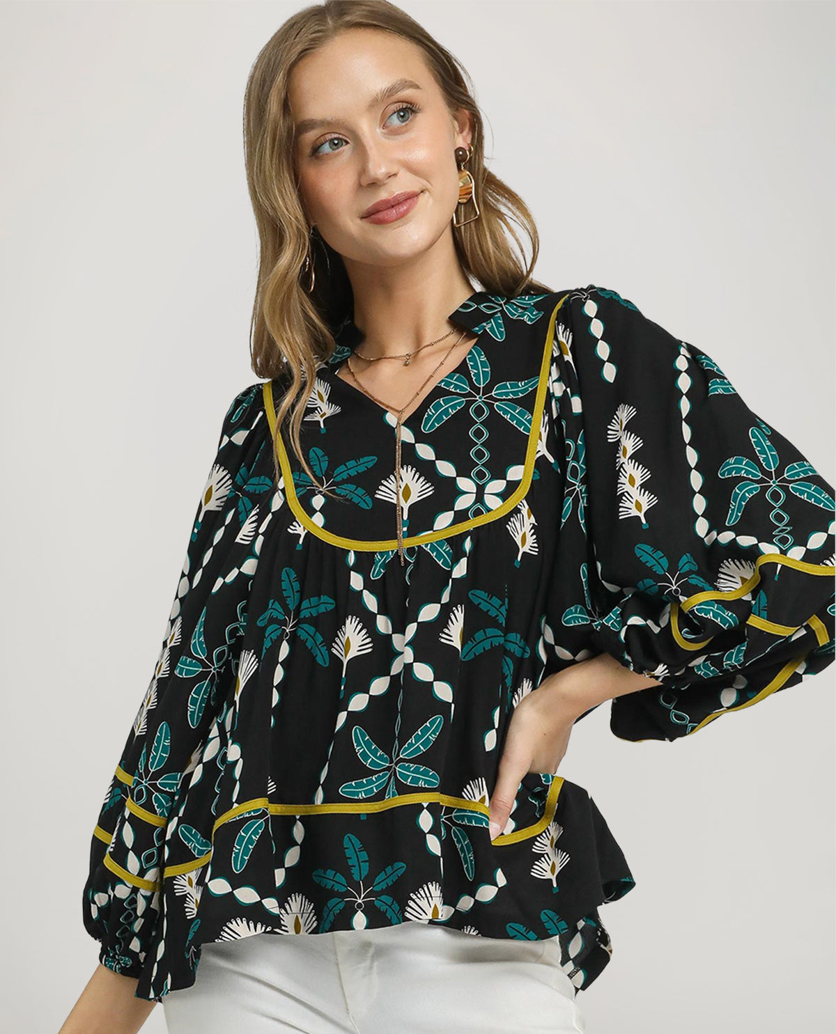 Black V-Neck Bishop Sleeve Top
