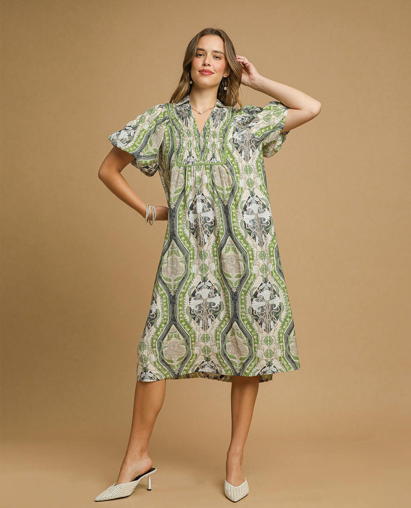 Abstract Print Textured Notched Neck Midi Dress