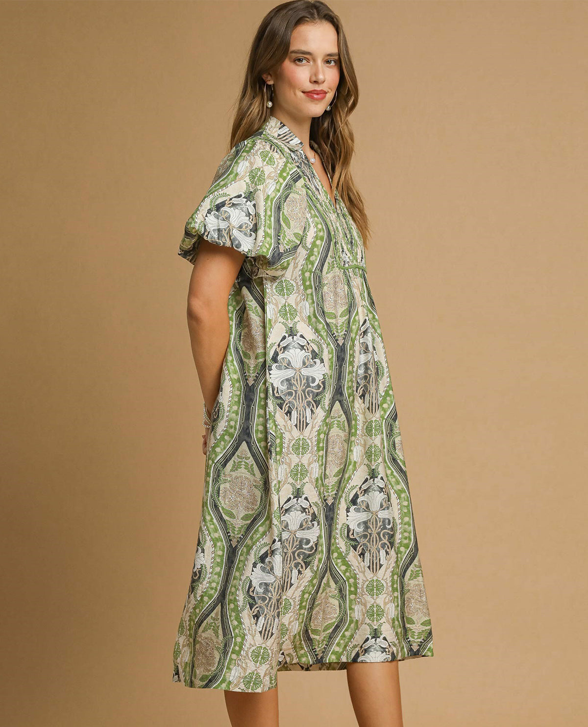 Abstract Print Textured Notched Neck Midi Dress