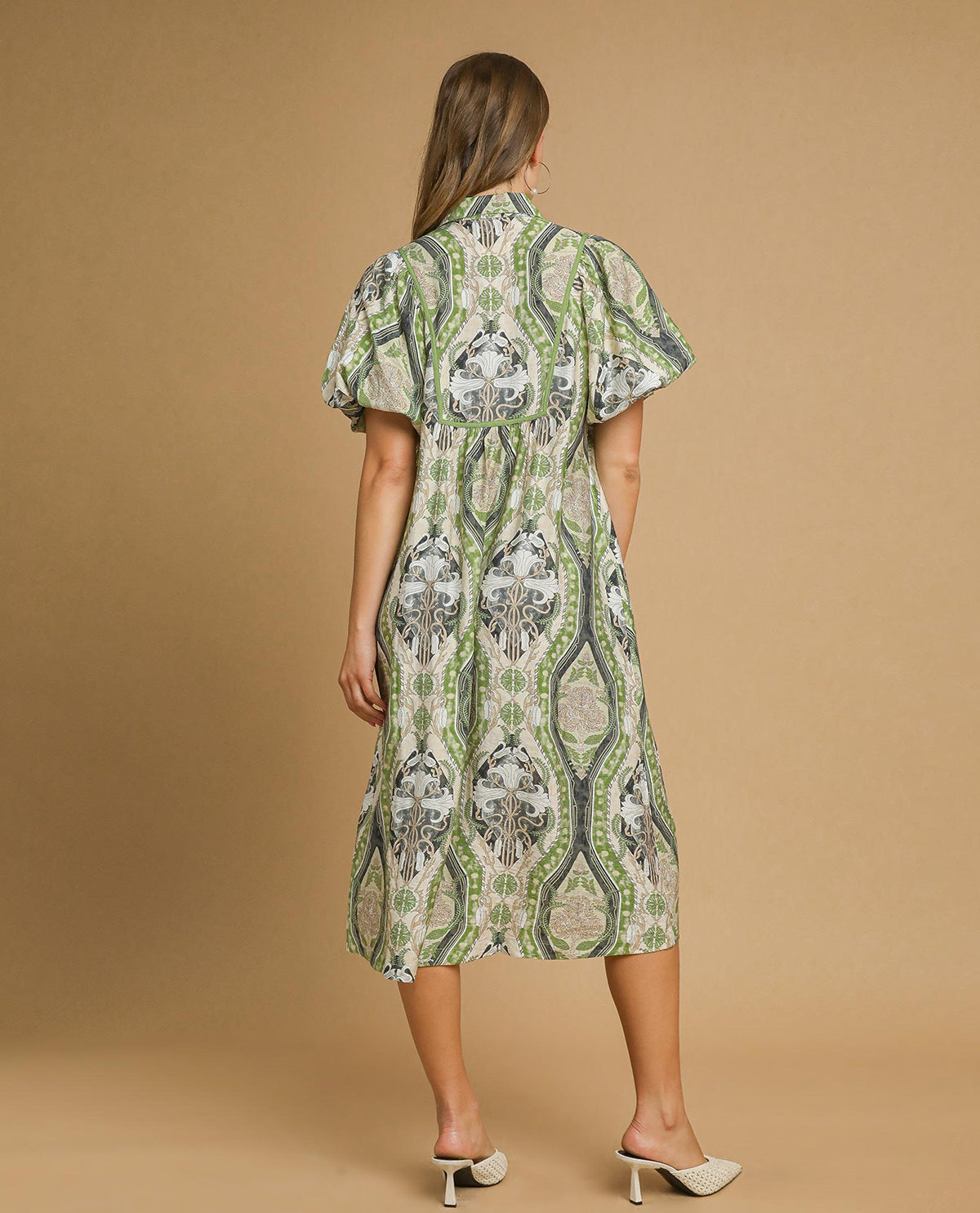 Abstract Print Textured Notched Neck Midi Dress