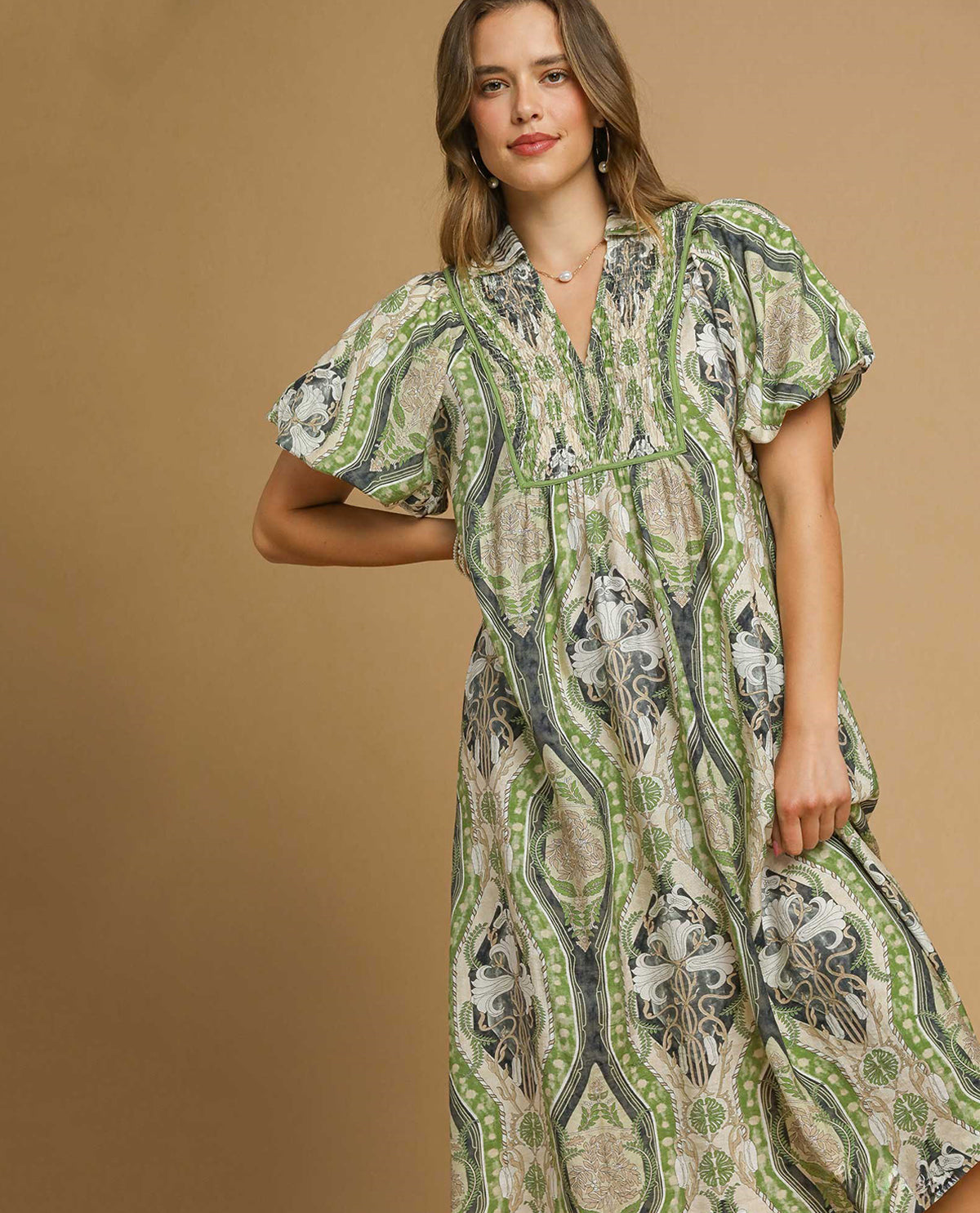 Abstract Print Textured Notched Neck Midi Dress