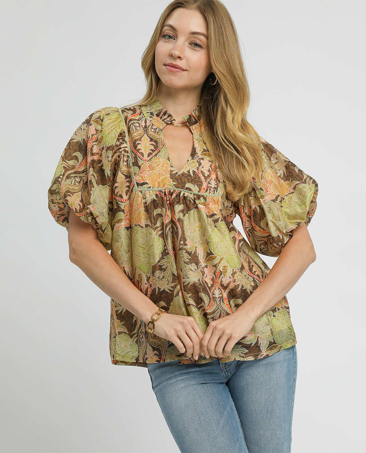 Floral Puff Sleeve Peasant Blouse