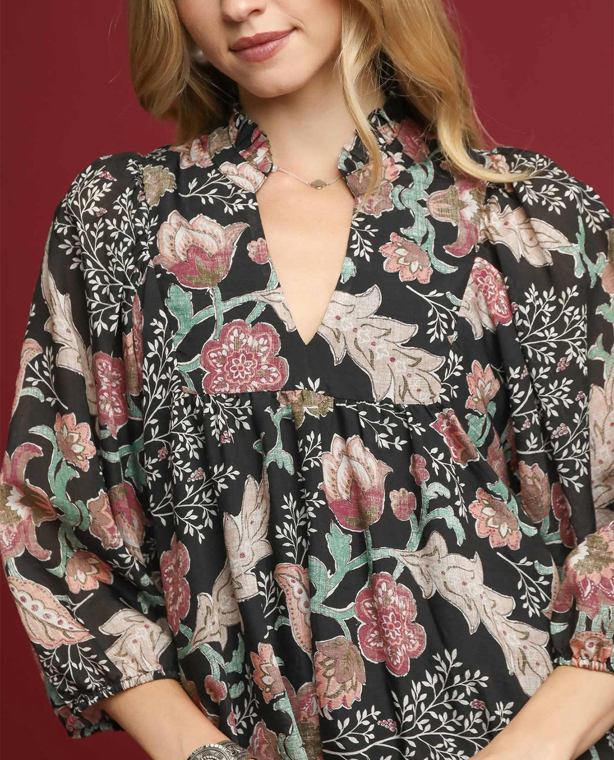 Floral Ruffle Neck Mini Dress