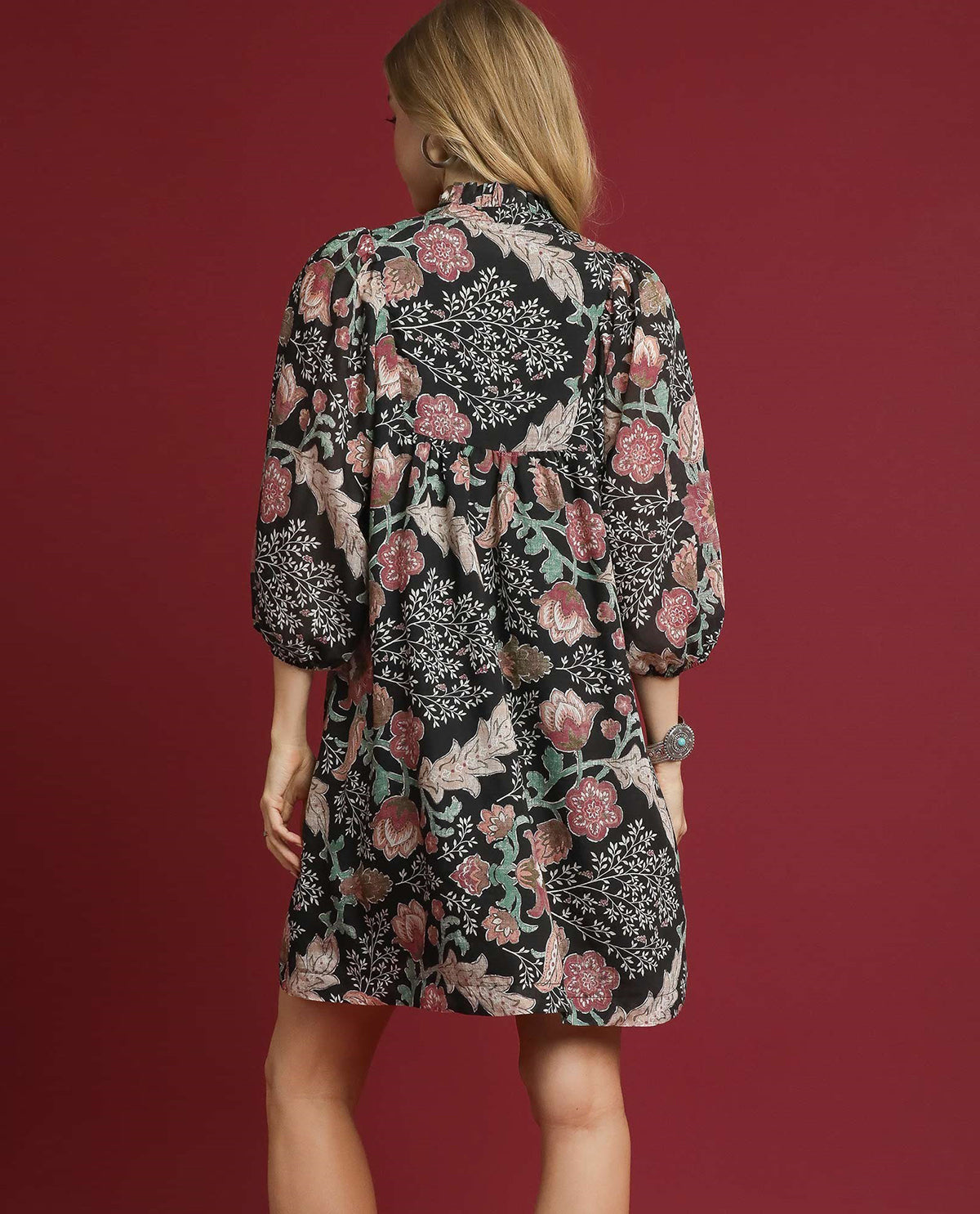 Floral Ruffle Neck Mini Dress