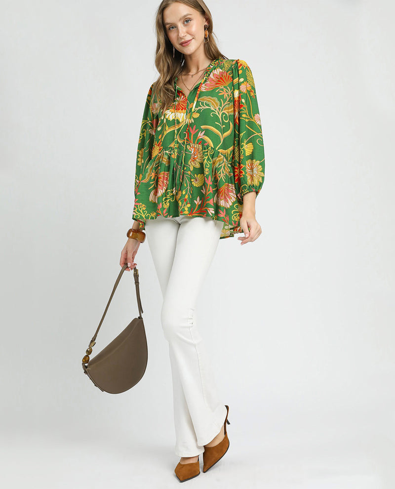 Vintage Green Floral Print Top