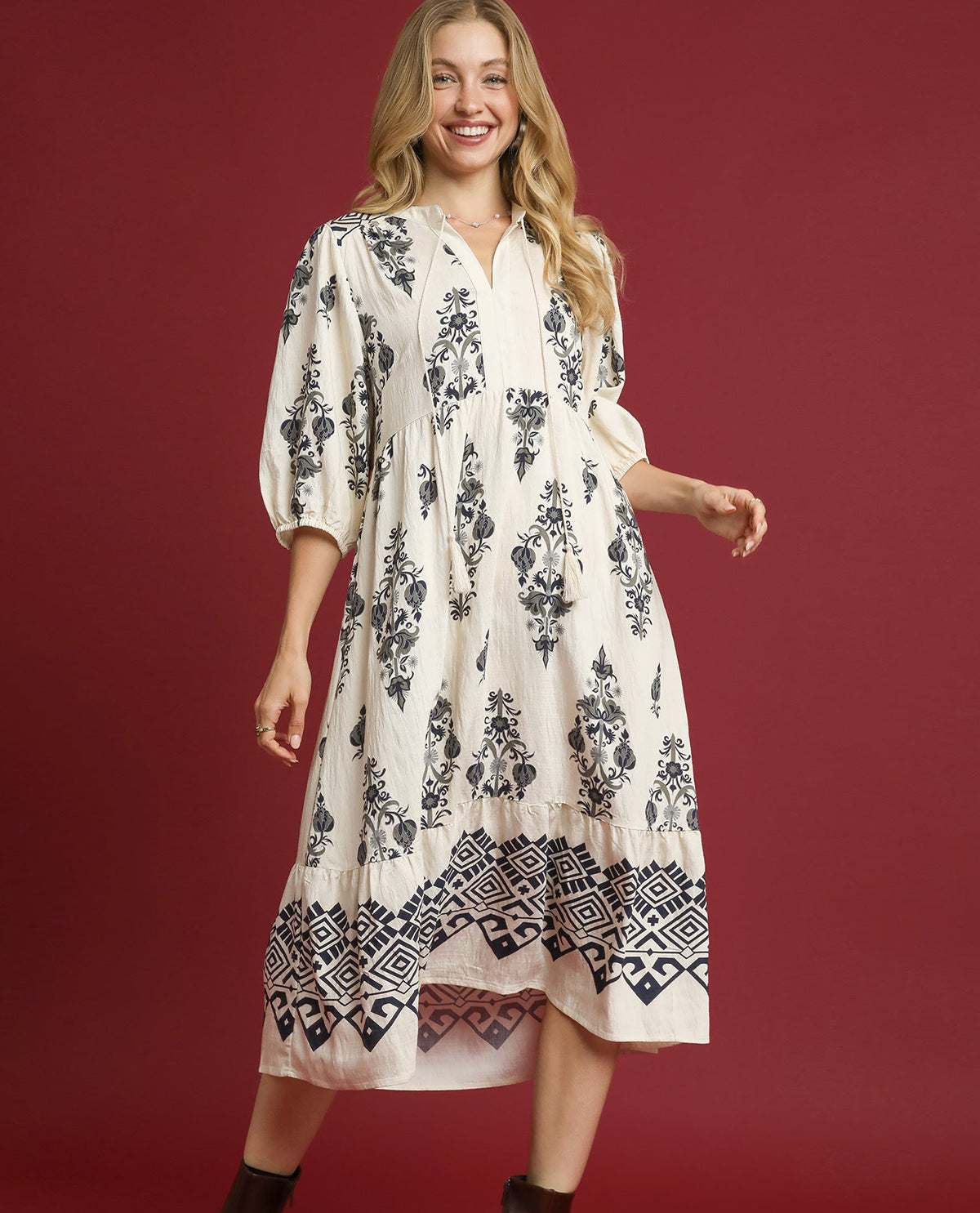 Abstract Print Tiered Midi Dress