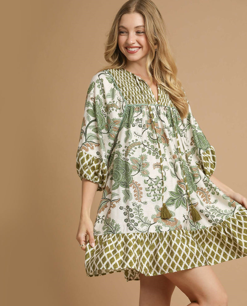 Mixed Abstract Floral Print Mini Dress