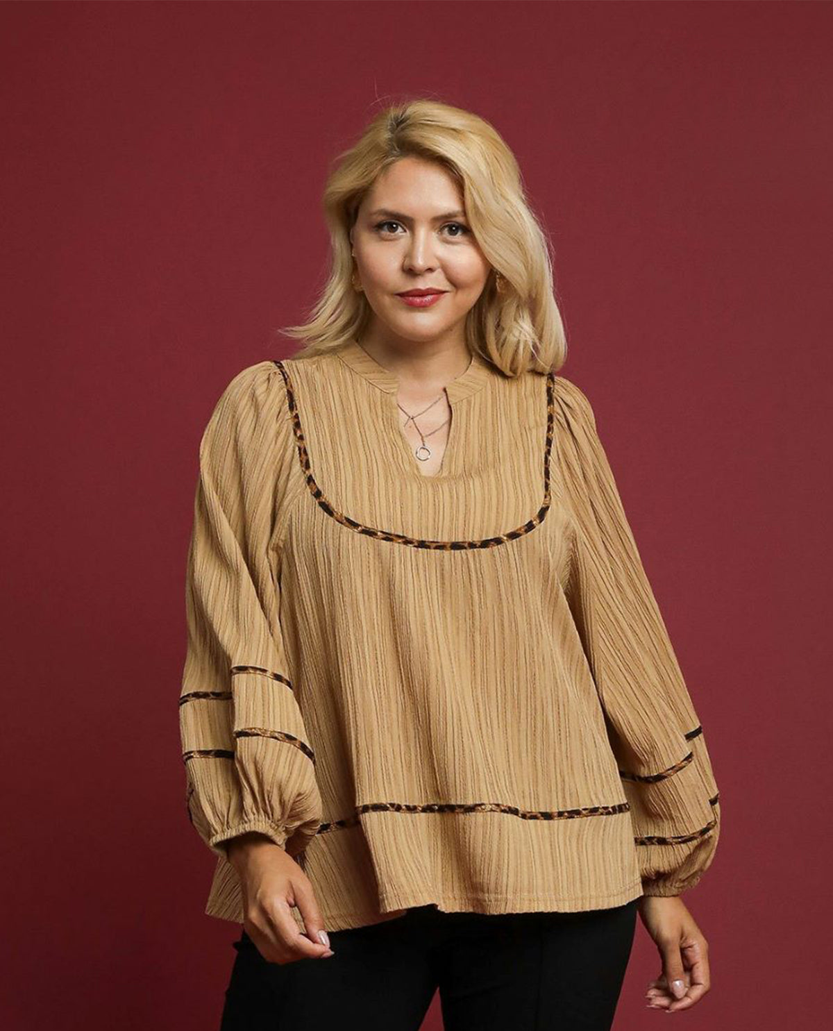 Plus Textured Fabric Blouse with Animal Print Trim