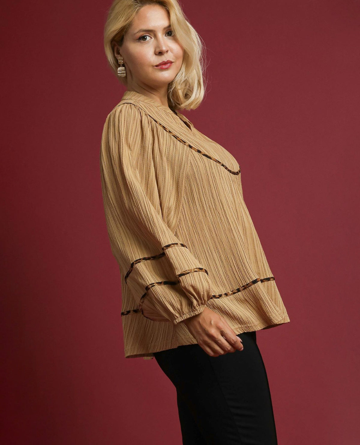 Plus Textured Fabric Blouse with Animal Print Trim