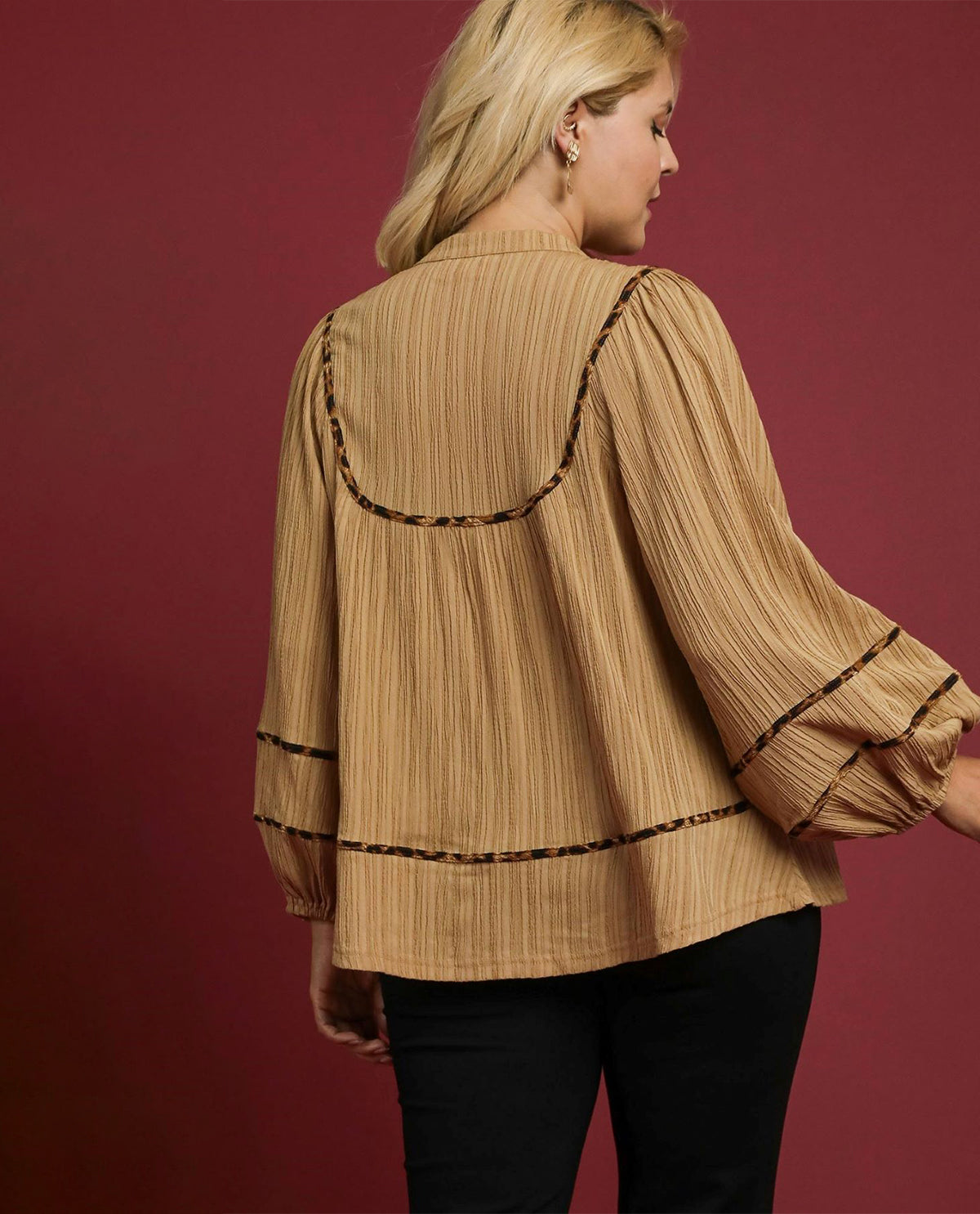 Plus Textured Fabric Blouse with Animal Print Trim
