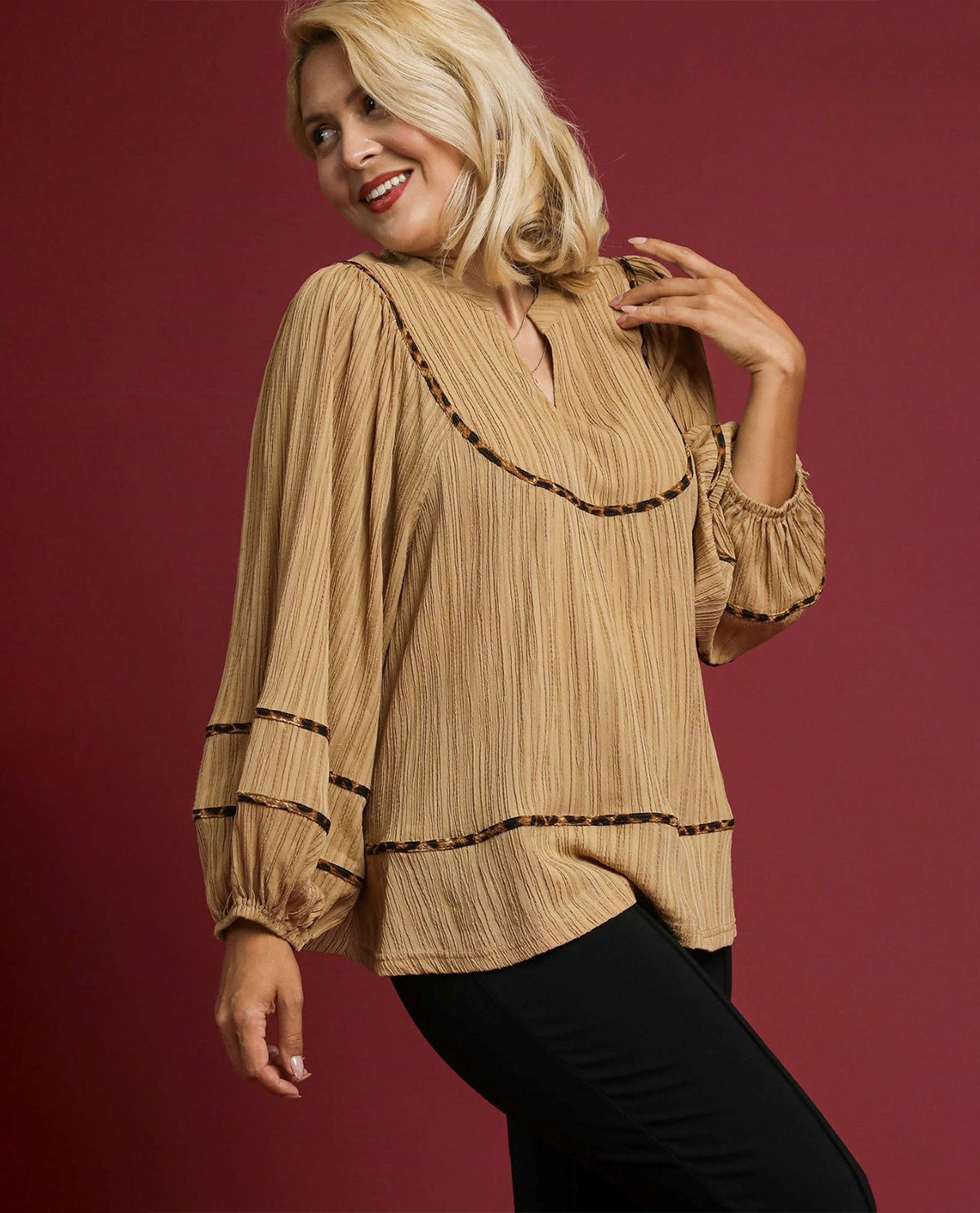 Plus Textured Fabric Blouse with Animal Print Trim