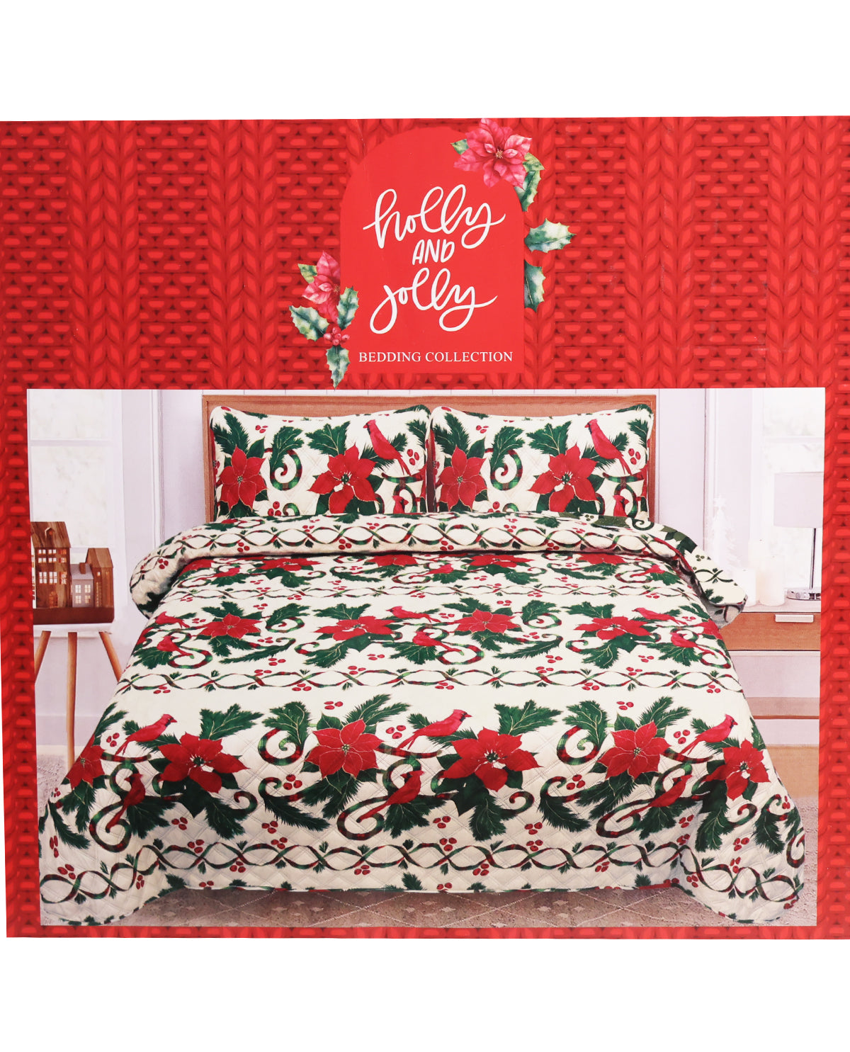 King Christmas Stripe Cardinal 3-Piece Quilt Set