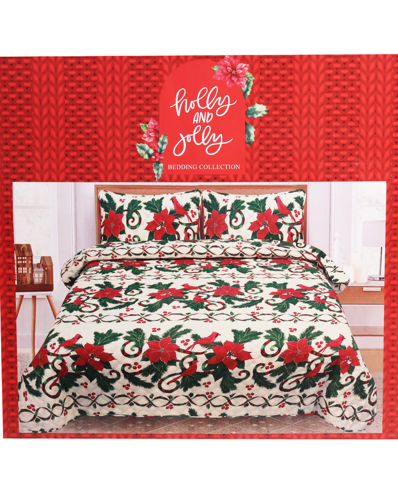 King Christmas Stripe Cardinal 3-Piece Quilt Set