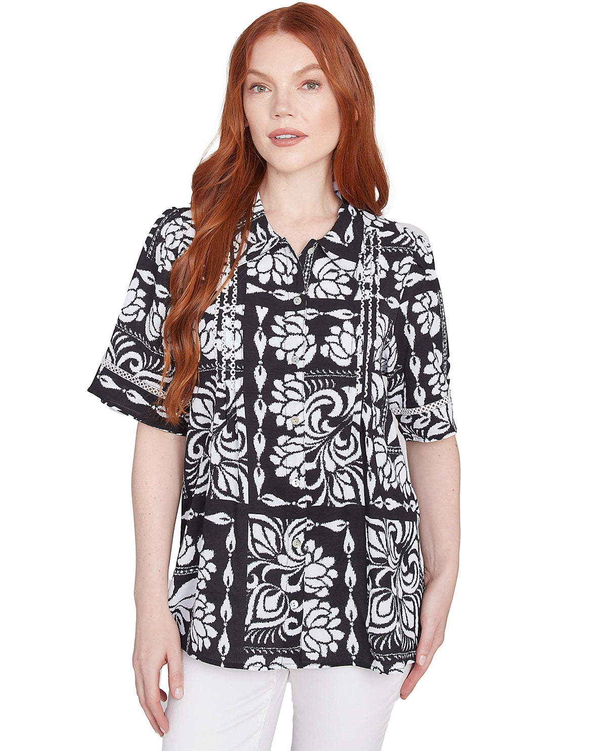 Ruby Road Petite Bali Bliss Patchwork Woven Top Black/White