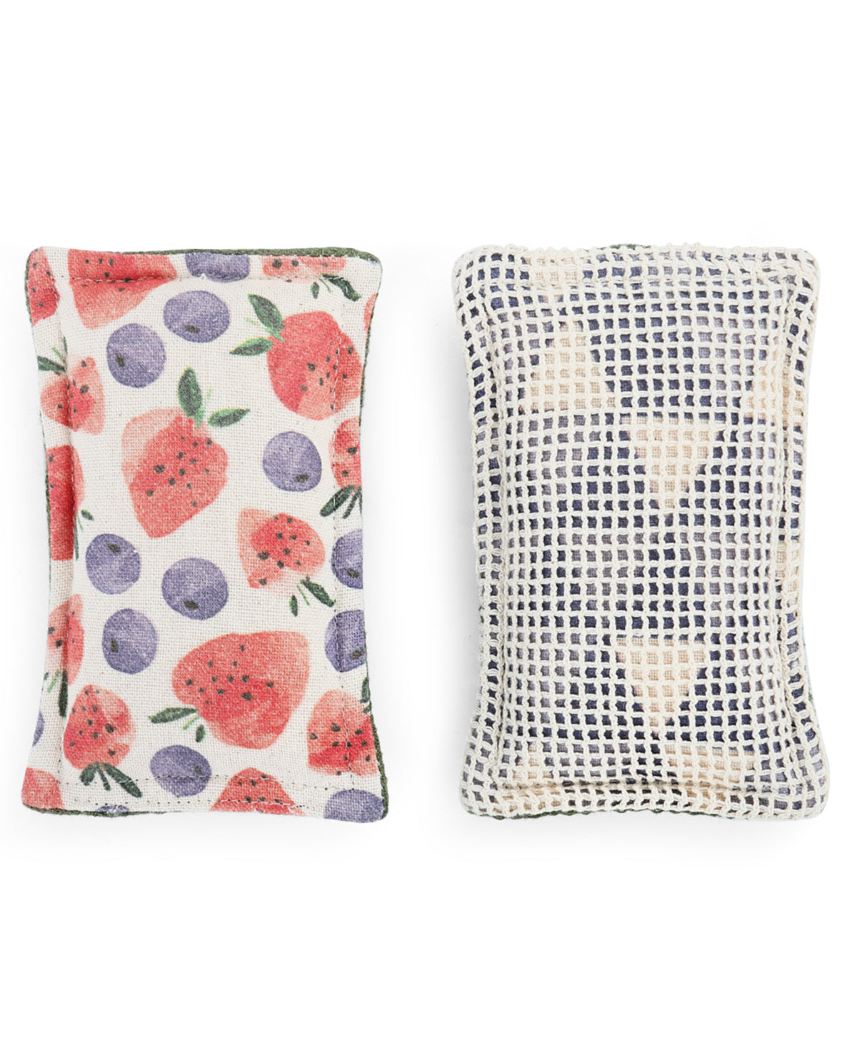 Two square decorative pillows shown side by side on a plain white background. The left pillow has a white base with a colorful print of strawberries, blueberries, and green leaves.
