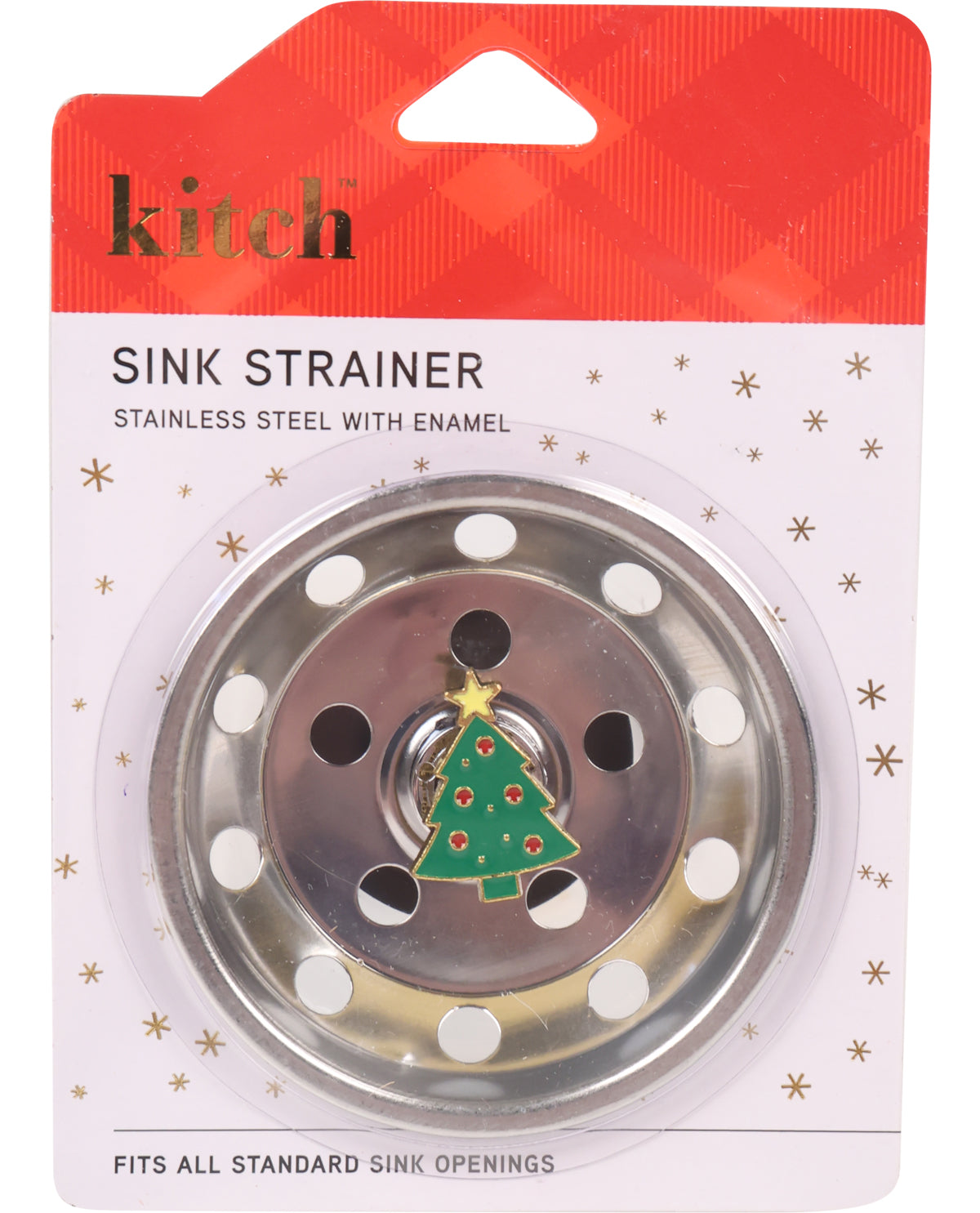 Sink strainer with Christmas tree design on packaging, featuring the brand 'kitch'.