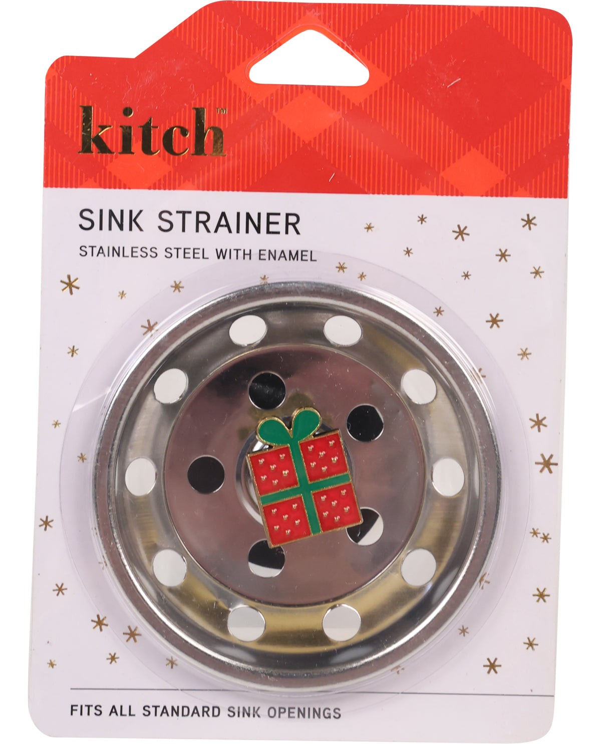 Sink strainer with decorative gift design on packaging, featuring the brand 'kitch'.