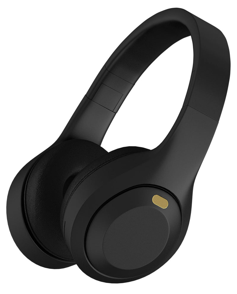 Black over-ear wireless headphones with a small gold accent button on the outer cup, shown on a plain white background.