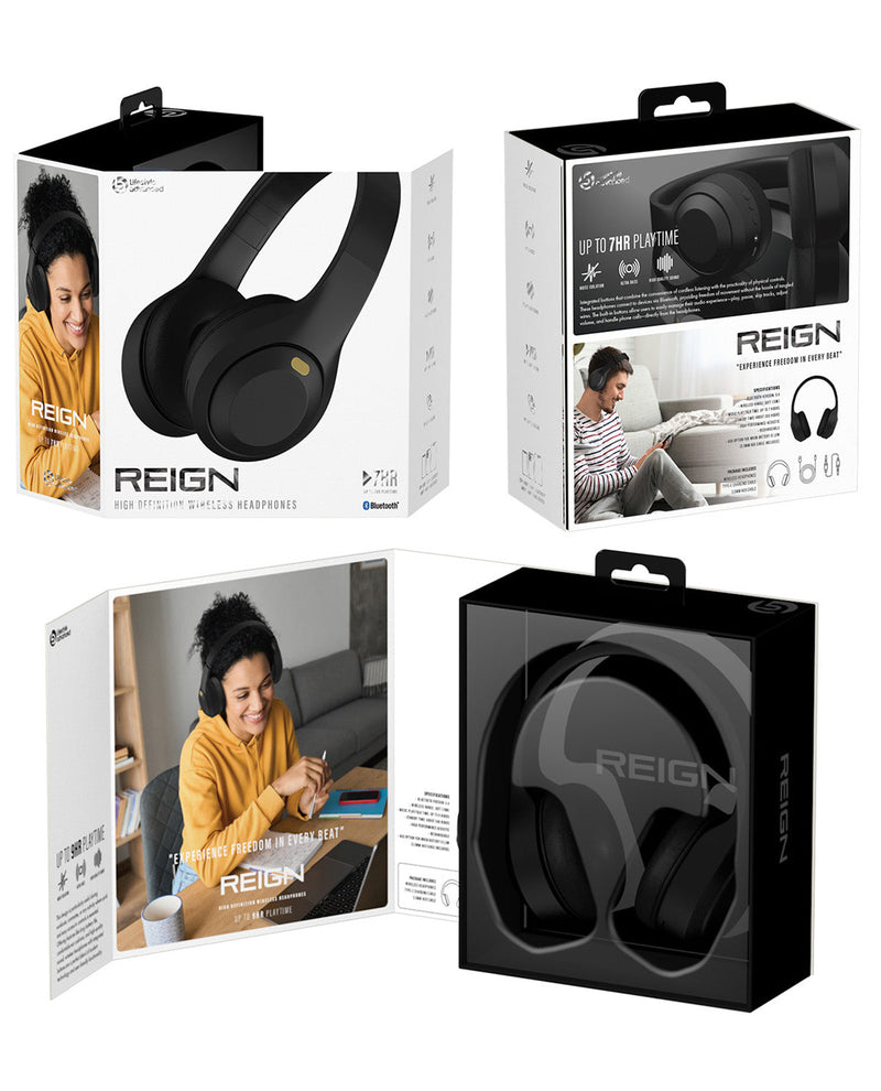 Four views of the Reign over-ear wireless headphones packaging, including the outer retail box, an inner booklet, and the product in its black window box, all on a white background.