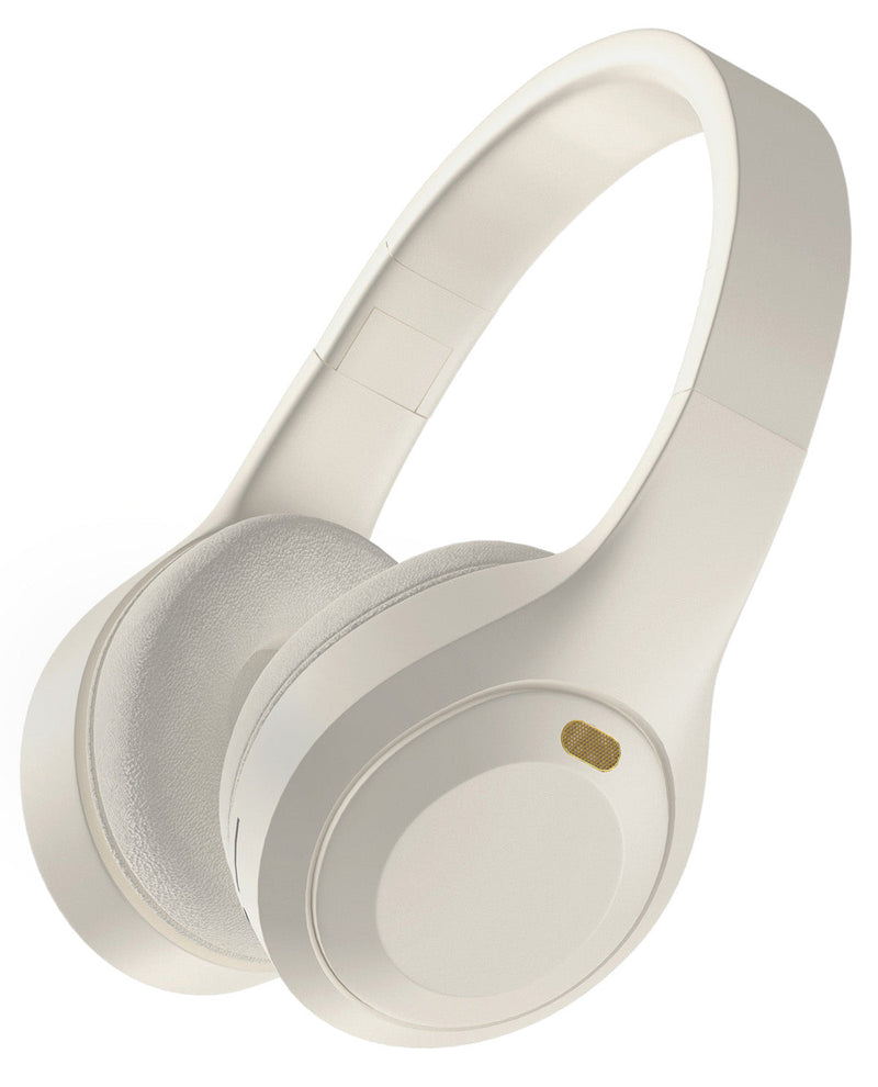 White over-ear wireless headphones with a small gold accent button on the outer ear cup, shown on a solid white background.
