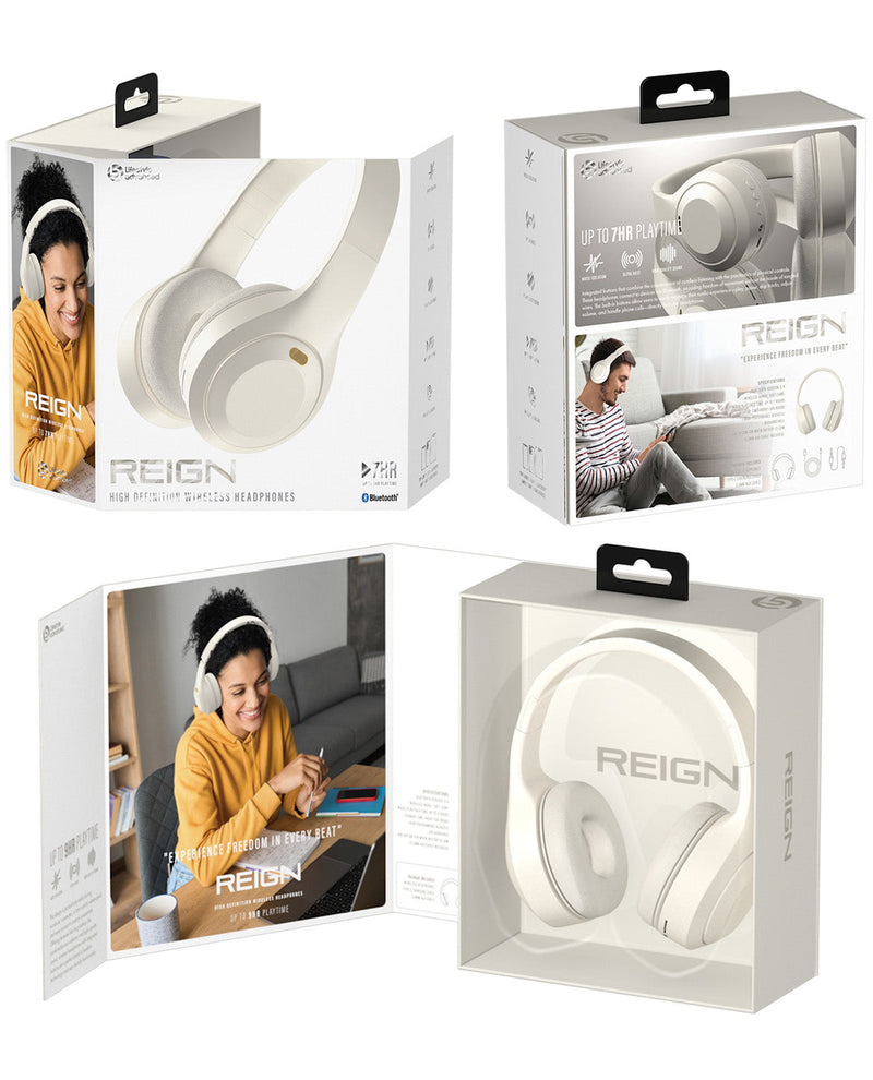 Four views of the Reign over-ear wireless headphones retail packaging, including the front box, side panel, inner booklet, and window box showing the white headphones inside.