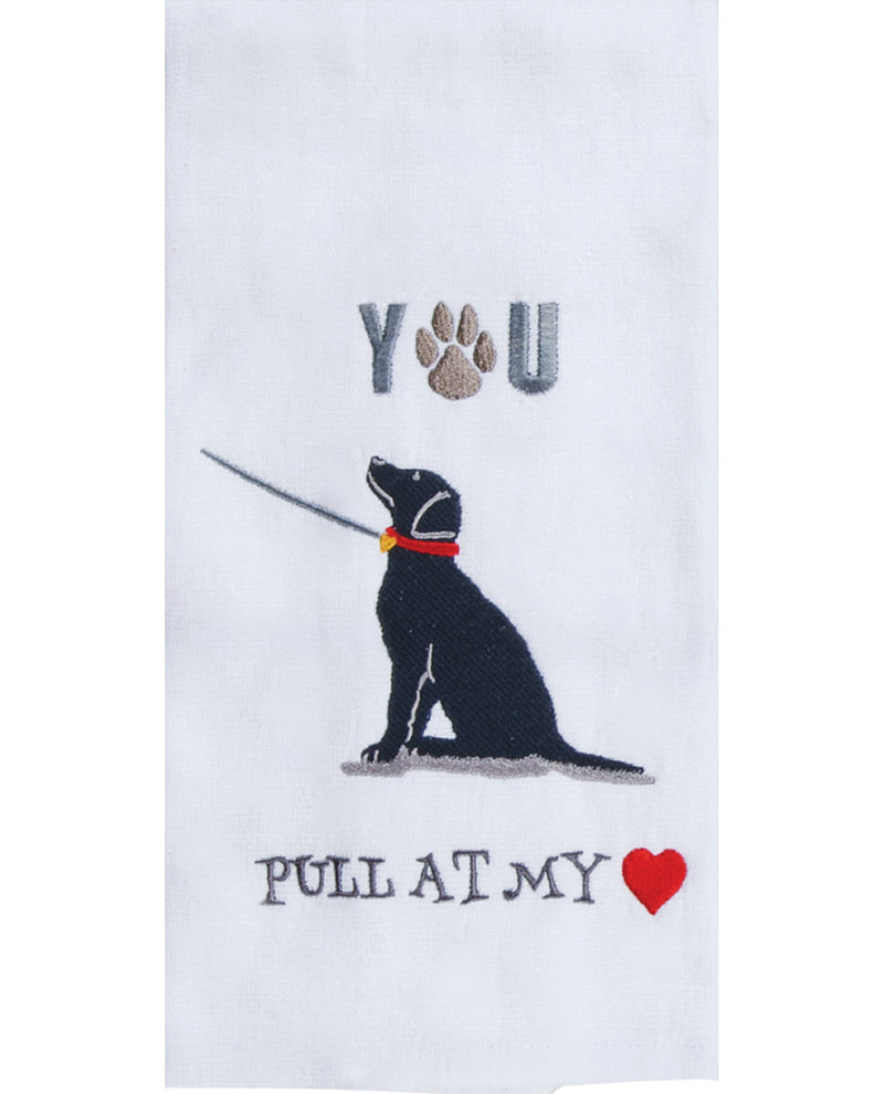 A white embroidered towel featuring a black dog sitting and holding a sword, with the text 'YOU' above and 'PULL AT MY' below, plus a red heart at the bottom right.