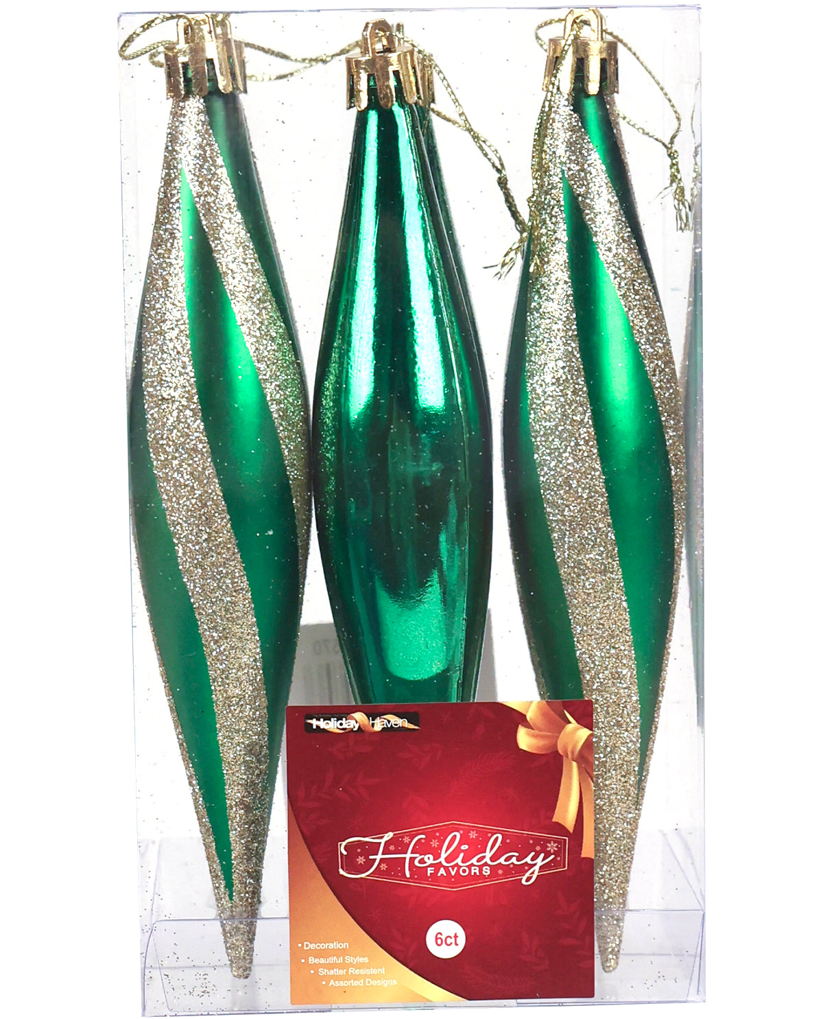 Three green Christmas tree ornaments in a clear plastic package, with two ornaments featuring diagonal silver glitter stripes and a red Holiday Town brand insert card at the bottom.