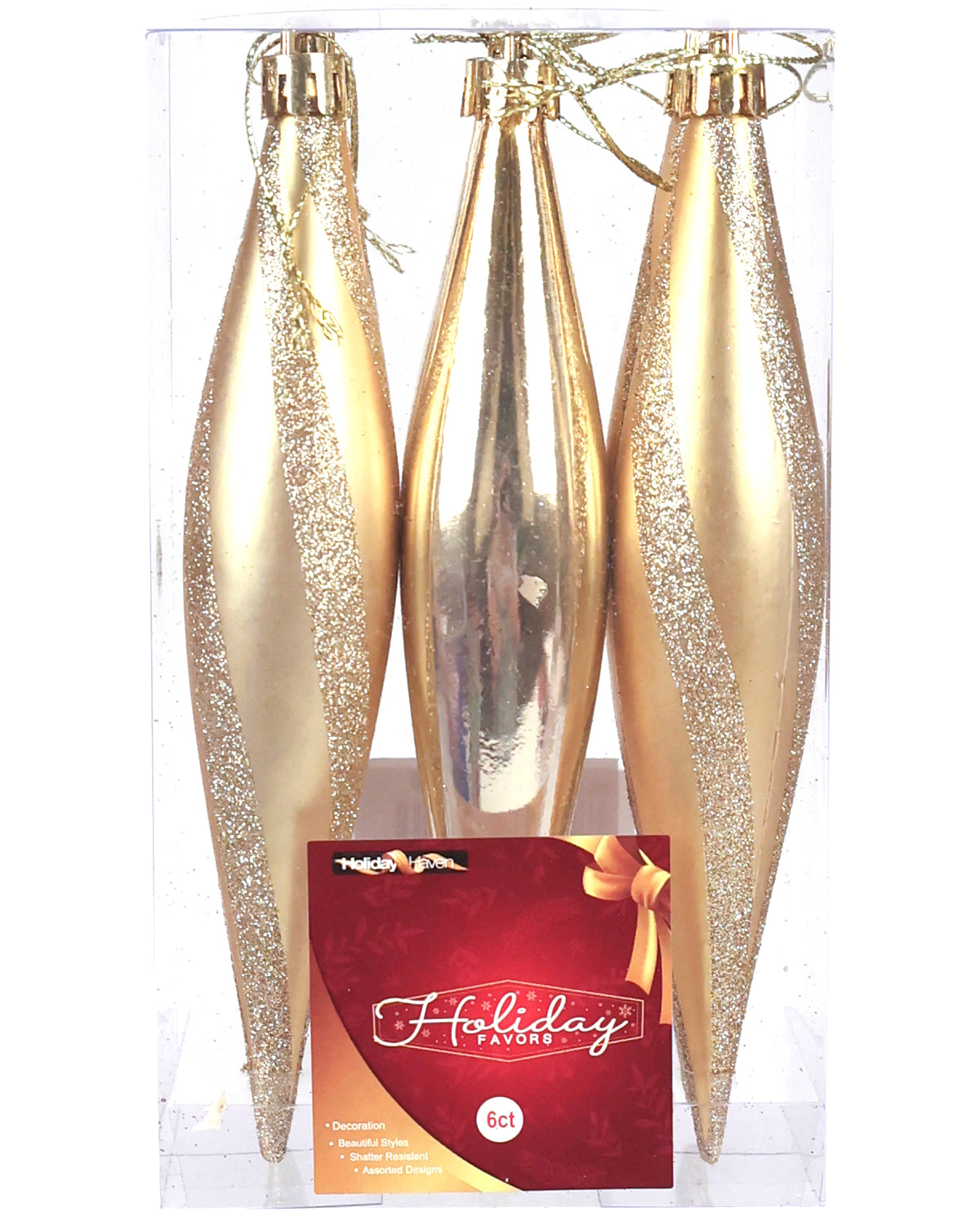 Three gold Christmas tree ornaments in a clear plastic package, with two ornaments featuring a glittery gold side and one shiny silver ornament. A red card at the bottom reads 'Holiday lights' and shows a small '50+' badge.