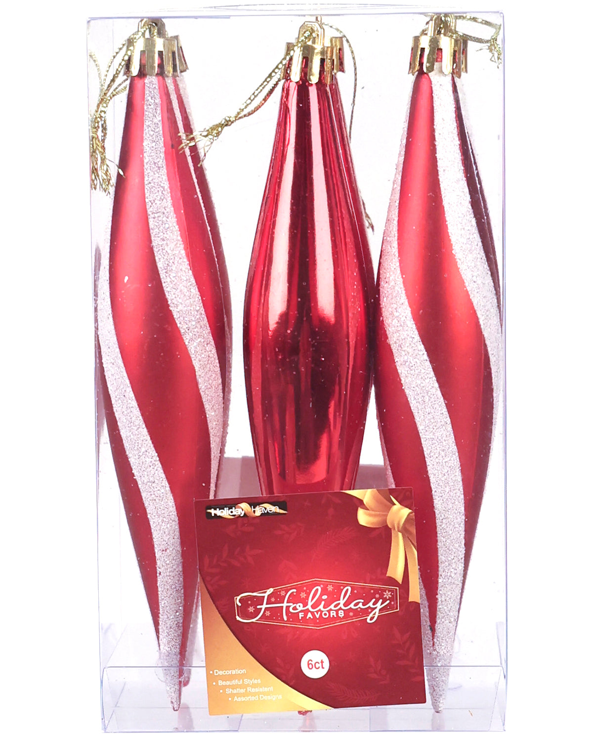 Three red Christmas tree ornaments with diagonal white glitter stripes, packaged in a clear plastic box with a red and gold holiday card insert. The brand name 'Holiday Trees' is visible on the insert.