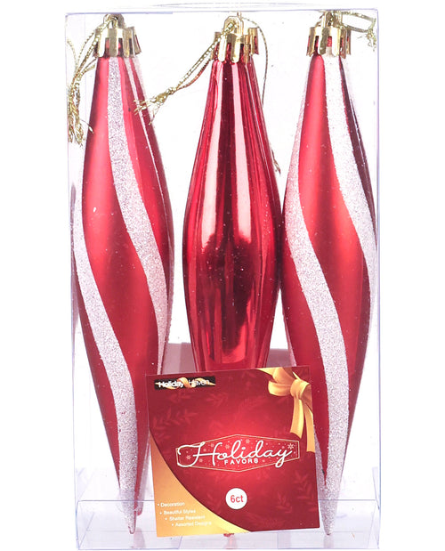 Three red Christmas tree ornaments with diagonal white glitter stripes, packaged in a clear plastic box with a red and gold holiday card insert. The brand name 'Holiday Trees' is visible on the insert.