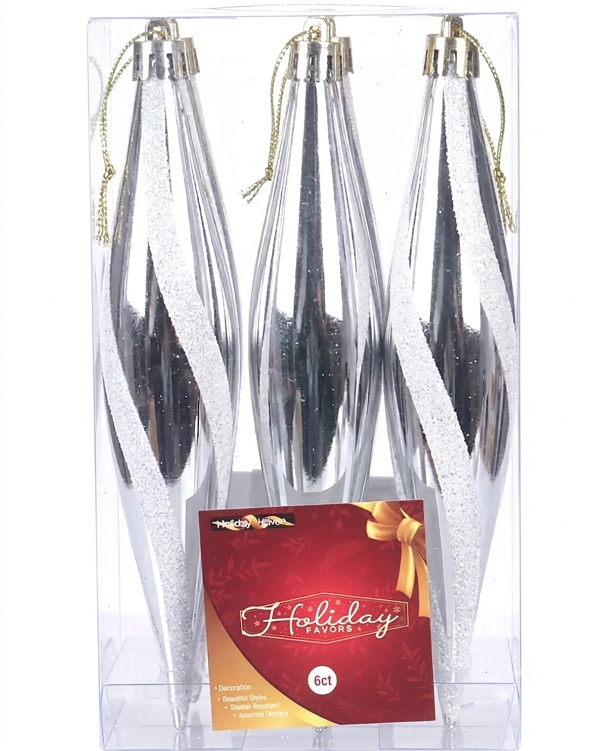 Three silver Christmas tree ornaments with white glitter spiral stripes, packaged in a clear plastic box with a red and gold Holiday Trees label.
