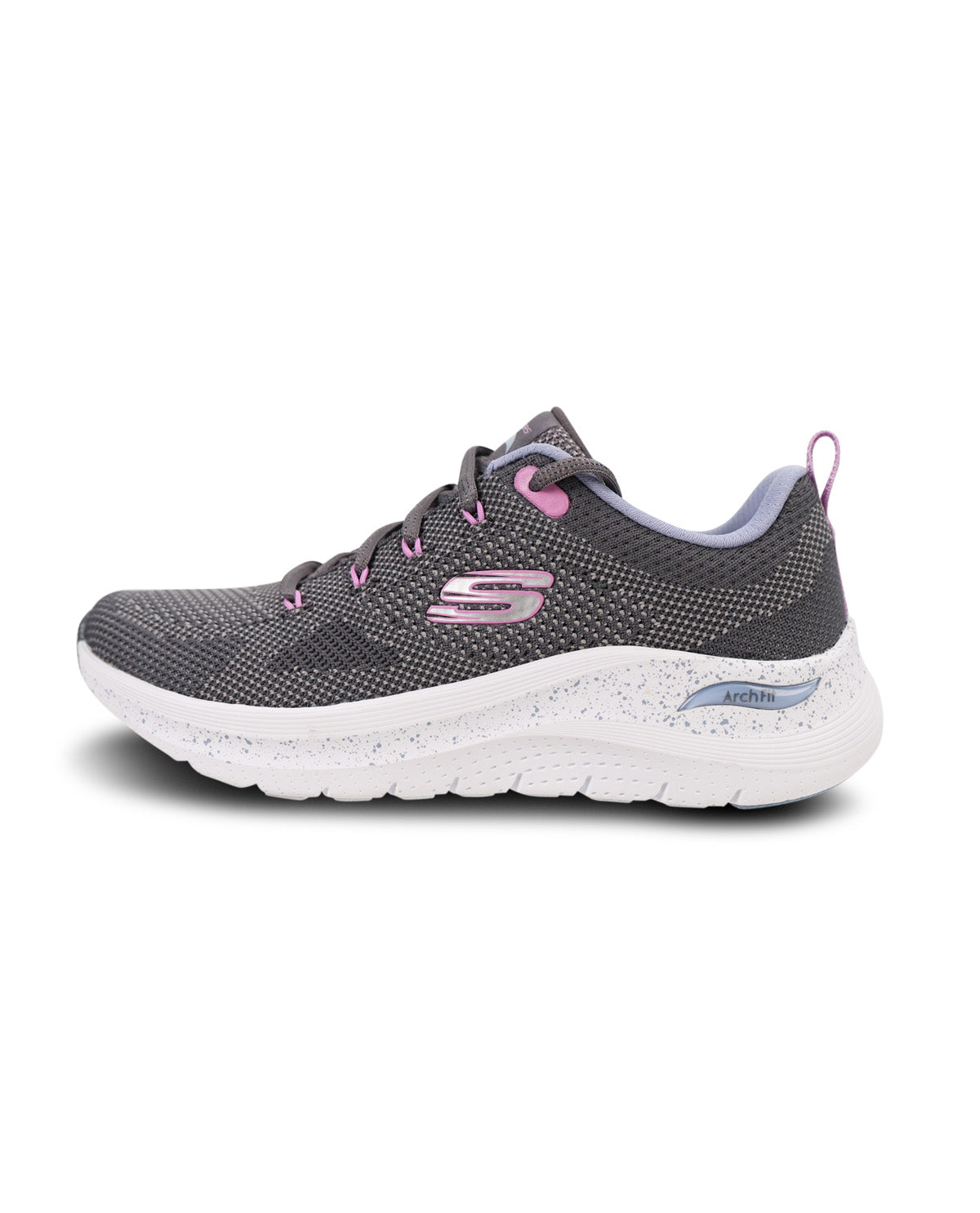 A Skechers athletic sneaker in dark gray mesh with pink accents on the laces, logo, and heel pull tab, featuring a white speckled cushioned sole.