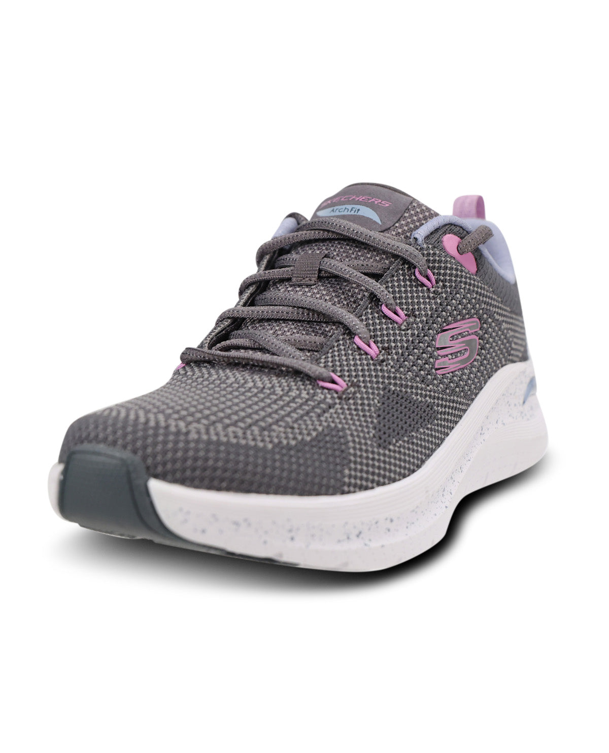 A Skechers athletic sneaker in dark gray with pink accents on the laces, tongue, and heel pull tab, featuring a white speckled midsole and a gray protective toe cap, shown on a white background.
