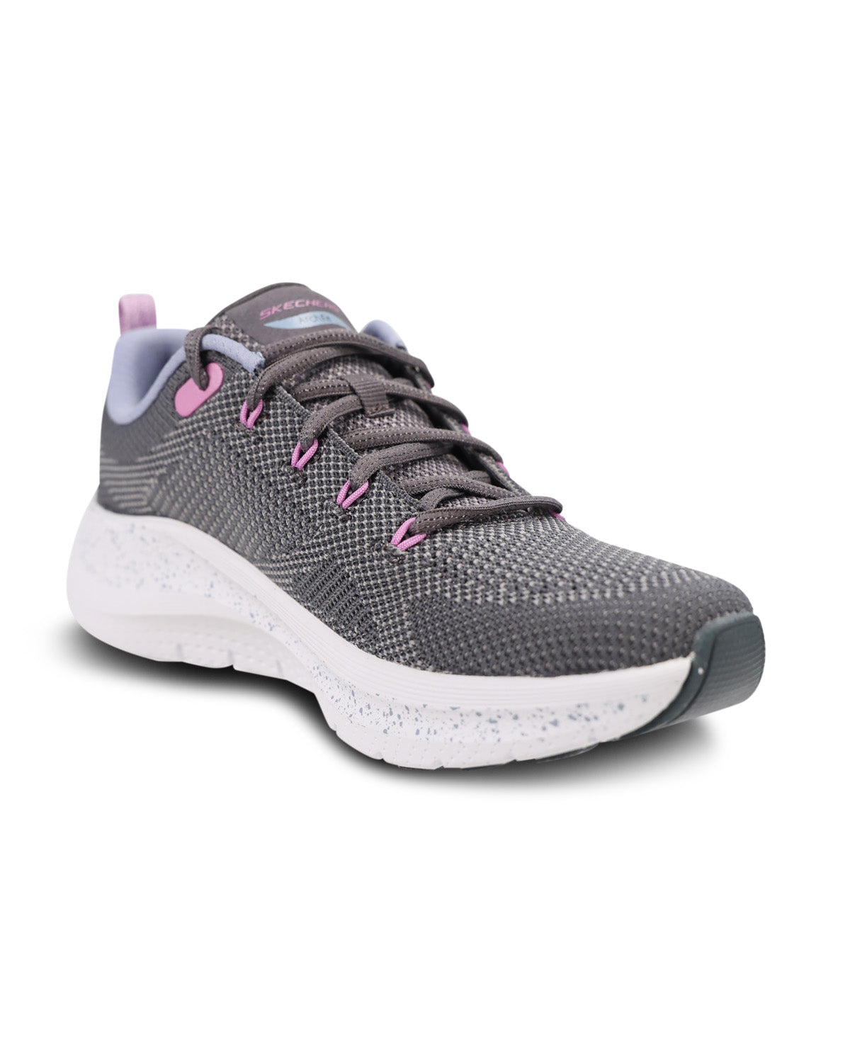 A gray knit athletic sneaker with a white speckled sole, featuring pink eyelets and a light purple heel pull tab, shown on a white background.