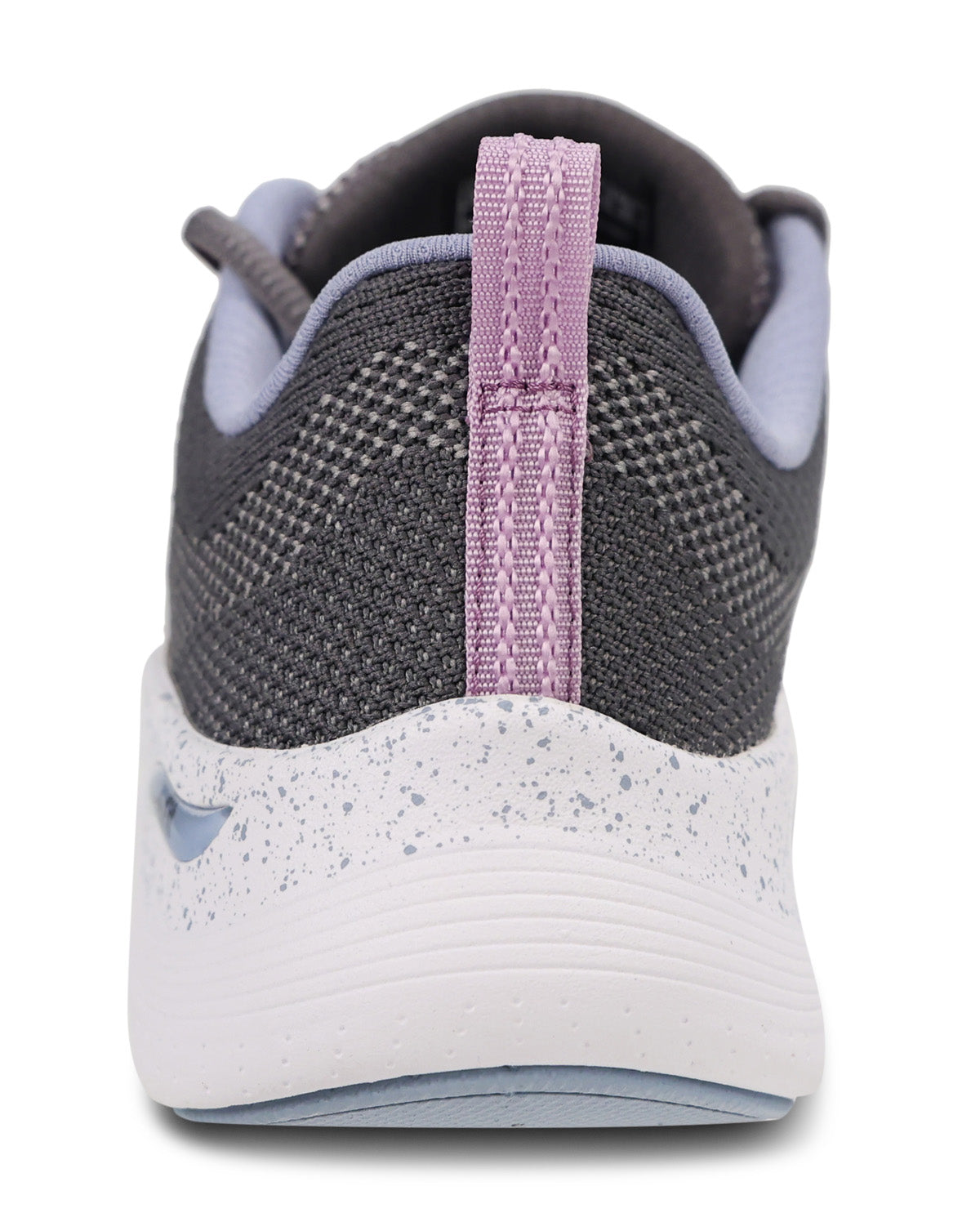 A close-up rear view of a shoe in dark gray and lavender purple, featuring a textured mesh upper, a lavender pull tab, and a white speckled midsole.