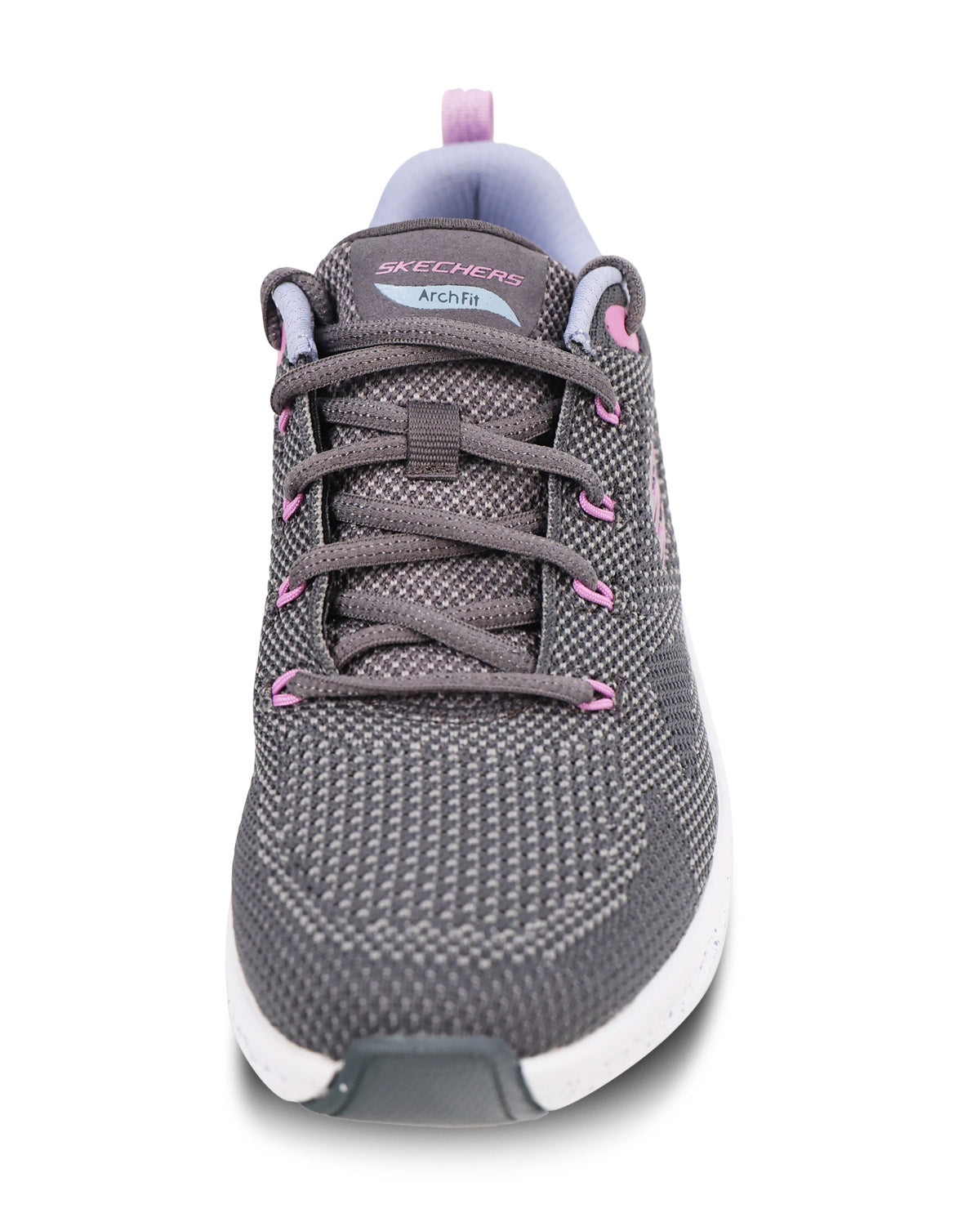 A Skechers Acorn athletic sneaker in dark gray with pink accents on the laces and tongue, shown from a front-facing perspective on a white background.