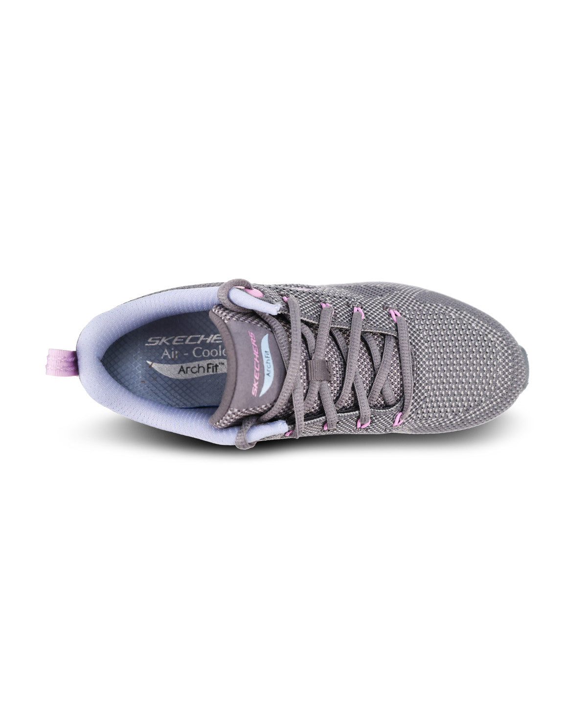 A Skechers Air-Cool Night running shoe in gray and lavender, shown from a side profile view on a white background.