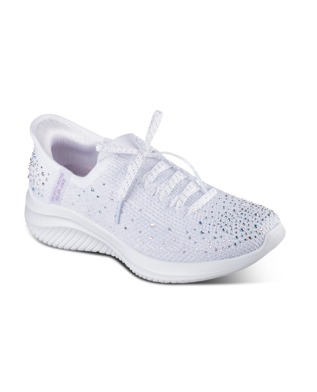 White athletic shoe with speckled pattern on a white background